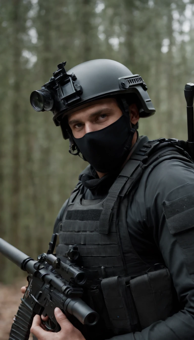 (Best quality,4K,8K,A high resolution,Masterpiece:1.2),Ultra-detailed,(Realistic,Photorealistic,photo-realistic:1.37), One was wearing a black uniform,Man in black helmet, A man in a black mask holds a gun, Air rifle CQB, French Special Operations, realistic soldiers, Soldiers in tactical equipment, tactical gear, cinematic —ar 16:9, realistic military equipment, Tactical armor, Black tactical equipment, combat outfit, Futuristic soldier costume, special forces security