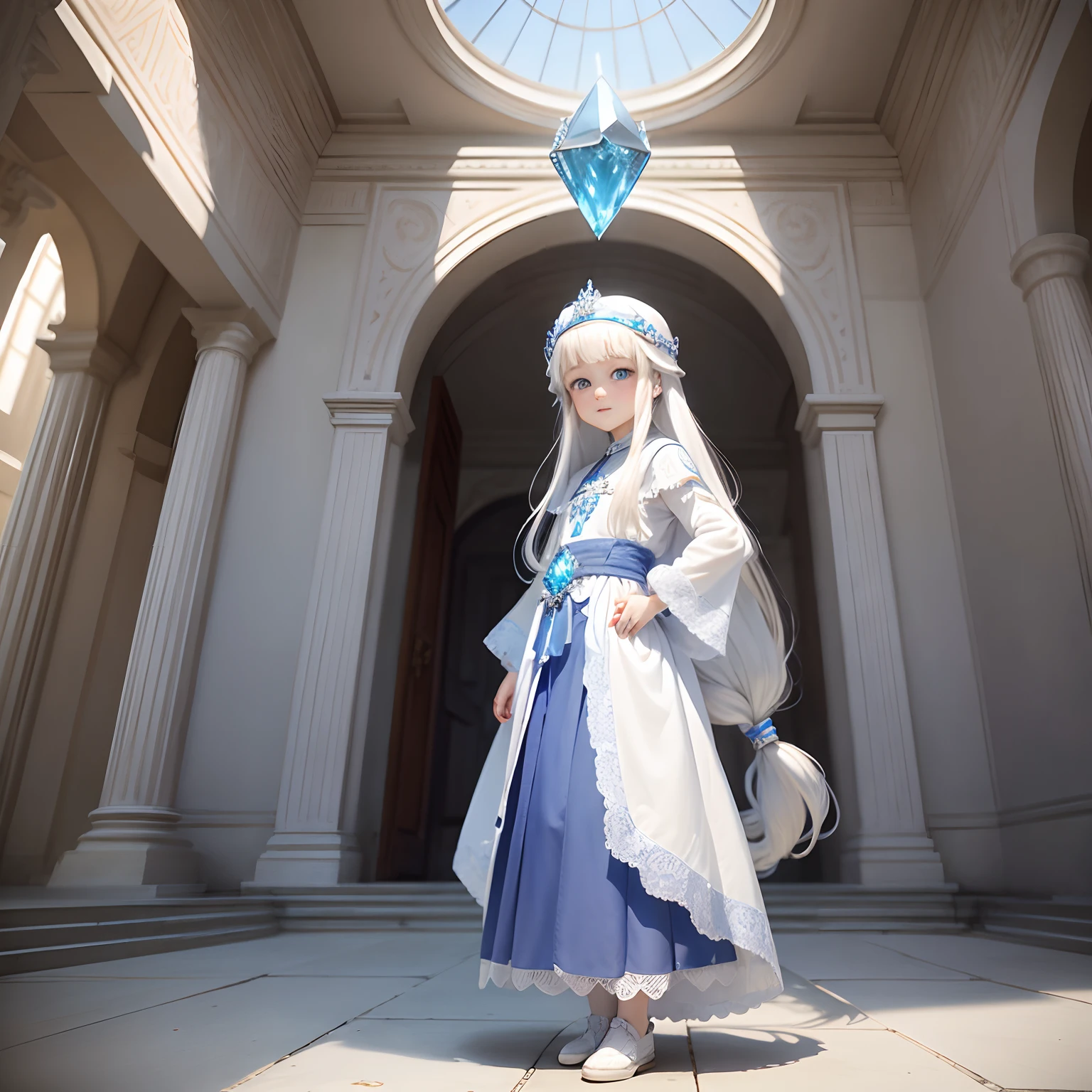 Background is Inside a palace, a beautiful girl name is May, 8--old l with blue eyes, long white hair, wearing a white tunic, On the waist there is a small bag, Queuing up with other kids, Cheerful face, Standing in front of a blue diamond-shaped crystal, angled from behind