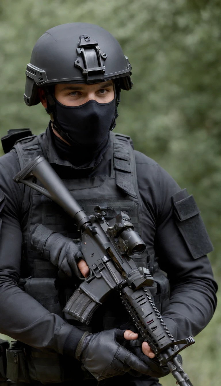 (Best quality,4K,8K,A high resolution,Masterpiece:1.2),Ultra-detailed,(Realistic,Photorealistic,photo-realistic:1.37), One was wearing a black uniform，Man in black helmet, A man in a black mask holds a gun, Air rifle CQB, French Special Operations, realistic soldiers, Soldiers in tactical equipment, tactical gear, cinematic —ar 16:9, realistic military equipment, Tactical armor, Black tactical equipment, combat outfit, Futuristic soldier costume, special forces security