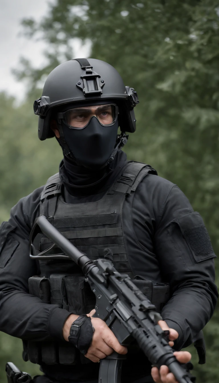 (Best quality,4K,8K,A high resolution,Masterpiece:1.2),Ultra-detailed,(Realistic,Photorealistic,photo-realistic:1.37), One was wearing a black uniform,Man in black helmet, A man in a black mask holds a gun, Air rifle CQB, French Special Operations, realistic soldiers, Soldiers in tactical equipment, tactical gear, cinematic —ar 16:9, realistic military equipment, Tactical armor, Black tactical equipment, combat outfit, Futuristic soldier costume, special forces security