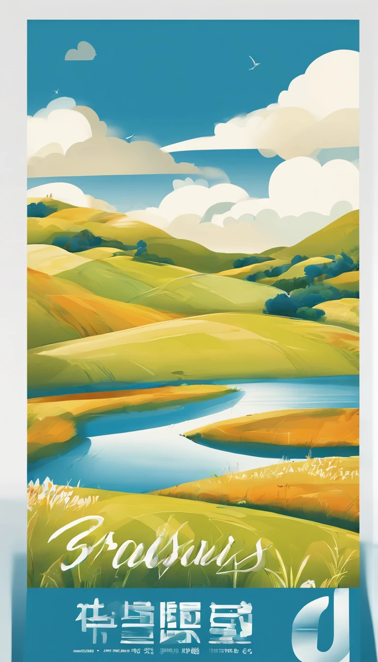 Tourism poster design, grassland, blue sky, white clouds, image minimalist style, warm colors, pragmatism, organic shapes and lines, Illustration, Danish design,