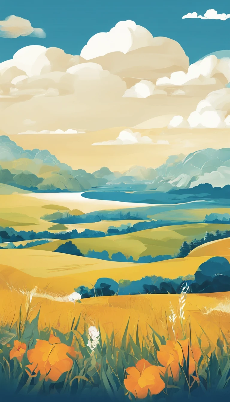 Tourism poster design, grassland, blue sky, white clouds, image minimalist style, warm colors, pragmatism, organic shapes and lines, Illustration, Danish design,