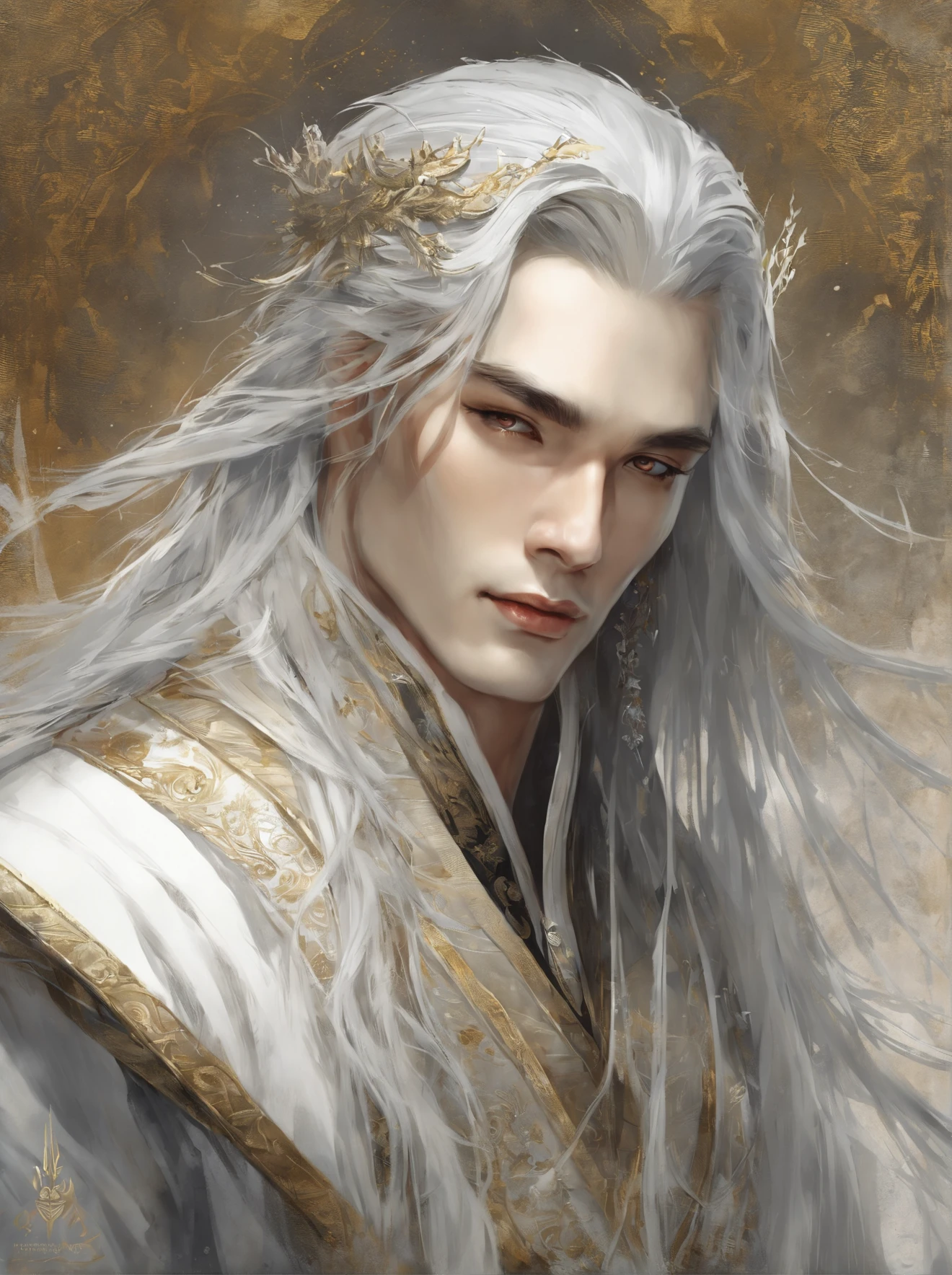 SILVER GOLD and BLACK (extreamly delicate and beautiful:1.2), 8K, (tmasterpiece, best:1.0), , (LONG_silver_HAIR_MALE:1.5), Upper body body, a long_haired male, cool and seductive, evil_gaze, wears white hanfu, and intricate detailing, and intricate detailing, finely eye and detailed face, Perfect eyes, Equal eyes, Fantastic lights and shadows、white room background、 Uses backlight and rim light, golden ratio, light aura, frosty myst, ANIME MANGA STYLE, highly detailed, intricate motifs, organic tracery, perfect composition, digital painting, artstation, concept art, smooth, sharp focus, illustration, Carne Griffiths, Victo ngai, Jean Baptiste Monge, pixar, watercolour style, art by Yoji Shinkawa, Carne Griffiths, Russ Mills, Ink splatter, ink brush painting, calligraphy, ink wash, smudges::