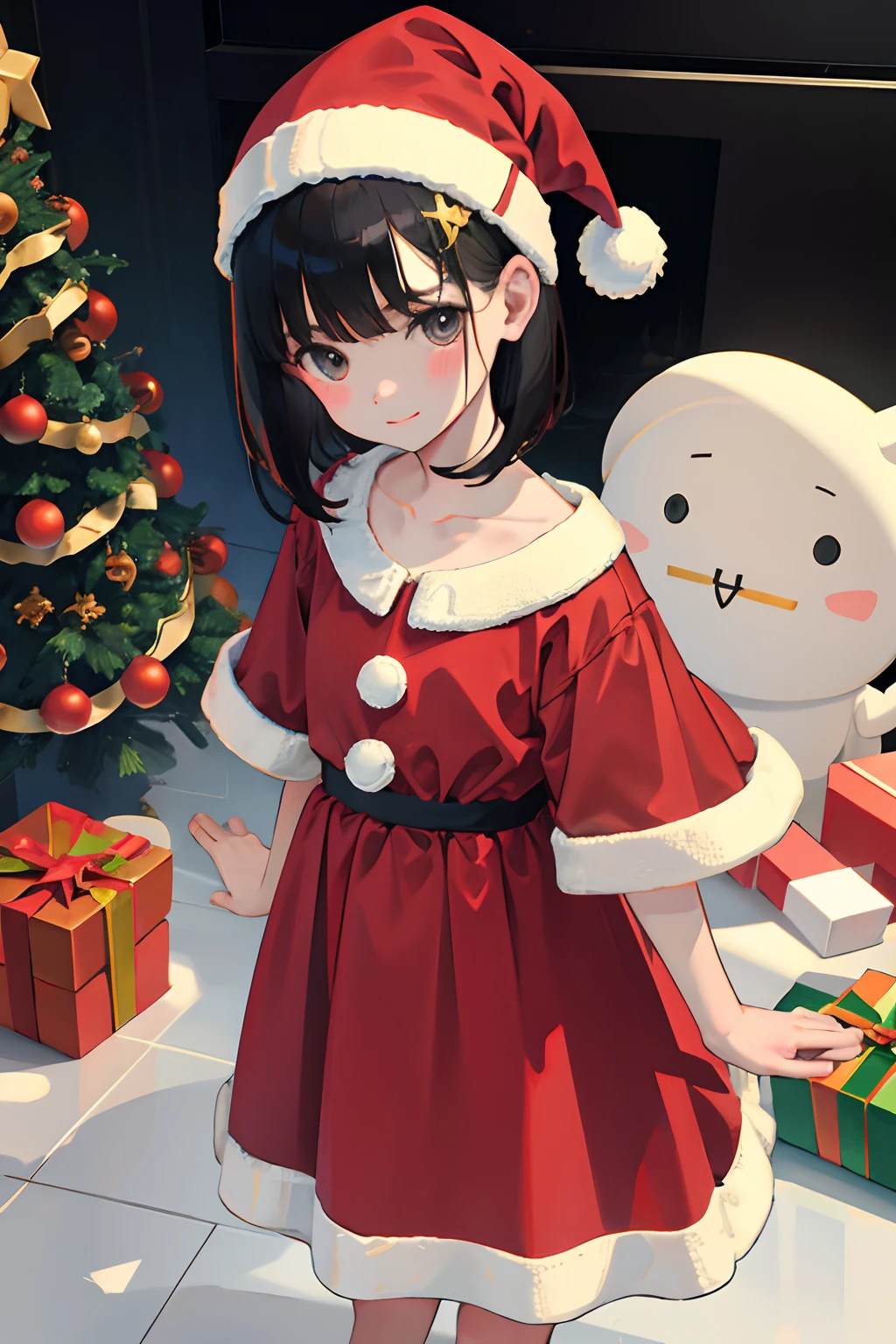 ,Christmas,A dark-haired,Medium bob,Giant Christmas Tree