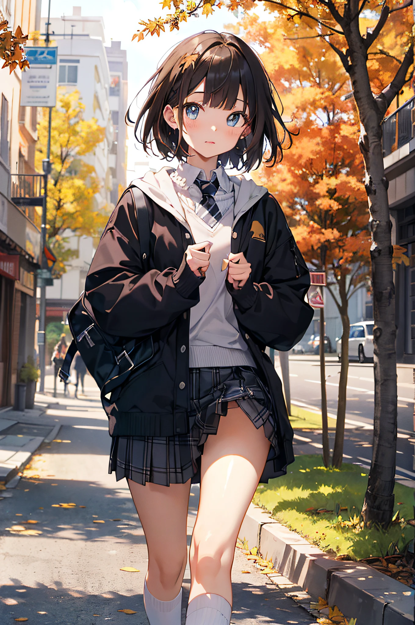 (top-quality、in 8K、32K、masterpiece、nffsw、超A high resolution、Impresionismo、Photorealsitic:1.2)、cowboy shot、foco nítido、detailed faces and eyes、(Man Walking Down a Tree-Lined Avenue々Group of, october, during autumn, in autumn, Golden Autumn, golden leaves, autumn season, trending photo, november, autum, beautiful image, beautiful aesthetic, Autumn, autumn season, beautiful day, in autumn, !!Beautiful!!)、Sharp pupils、Realistic pupils、beauitful face、18 year old beautiful girl、shinny skin、Bery short hair、Beautiful dark brown hair、Blunt bangs、Dark blue eyes、Shirt、neck tie、Plaid miniskirt、Black socks、(Have a skirt、Lifting skirt、I can see the white panties:1.3)、(Embarrassed look:1.2)、Mel Kishida