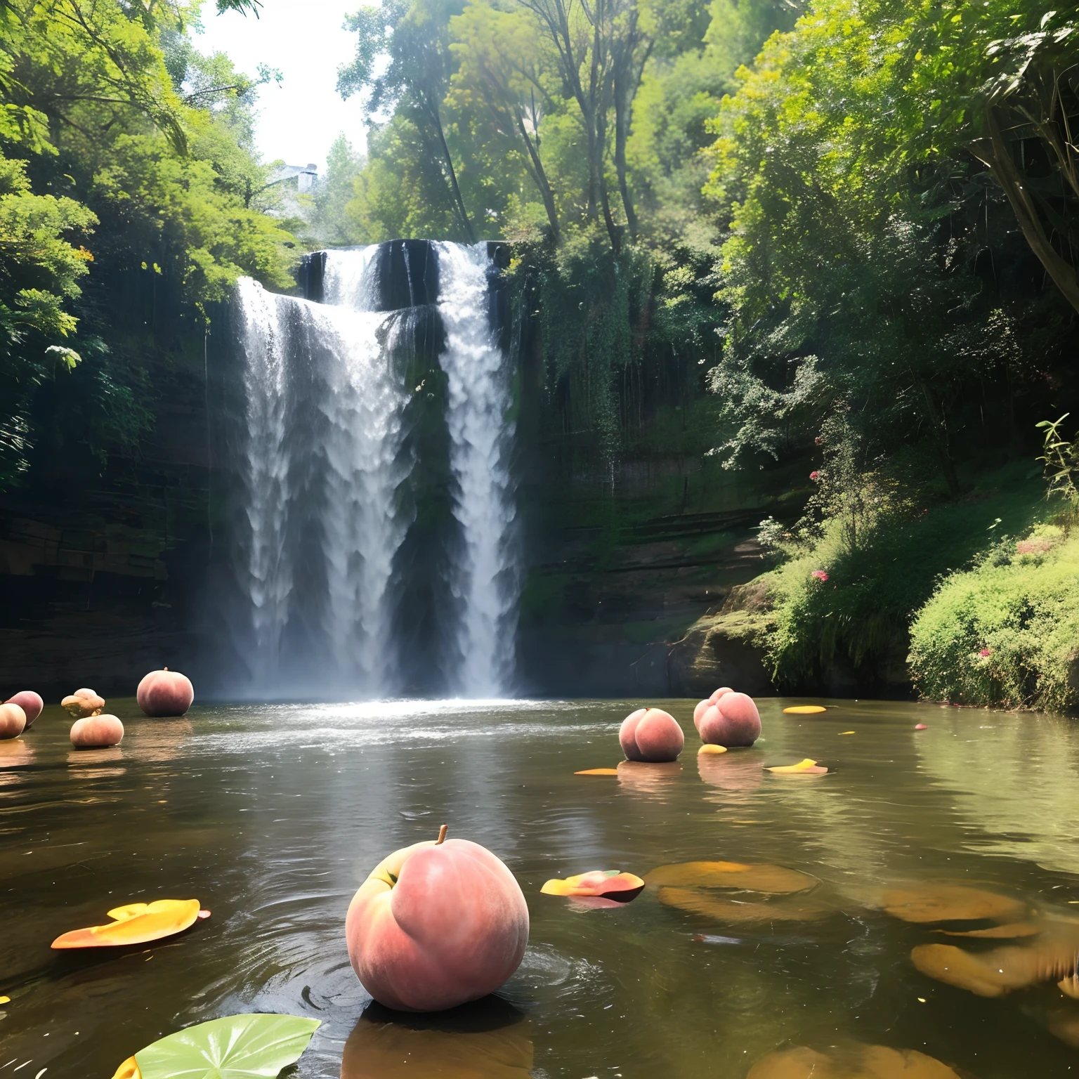 A big peach flowed from the kawa。There is an old lady beside it.。