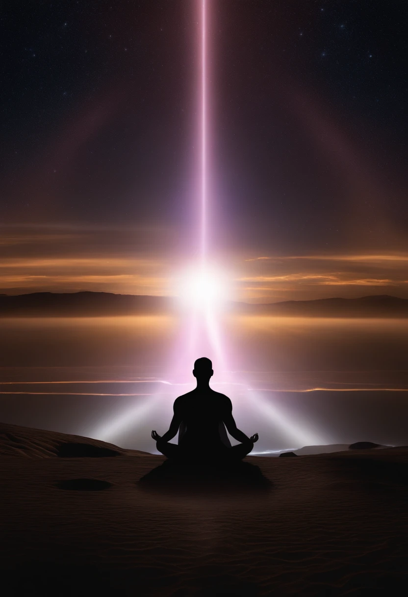 a person sitting in a lotus position with a glowing halo above them, glowing holy aura, glowing dark aura, spiritual enlightenment, liquid glowing aura, glowing electric aura, cosmic enlightenment, glowing aura, highly detailed zen neon, glowing black aura, white glowing aura, inverse dark glowing power aura, enlightenment, glowing golden aura, radiating a glowing aura