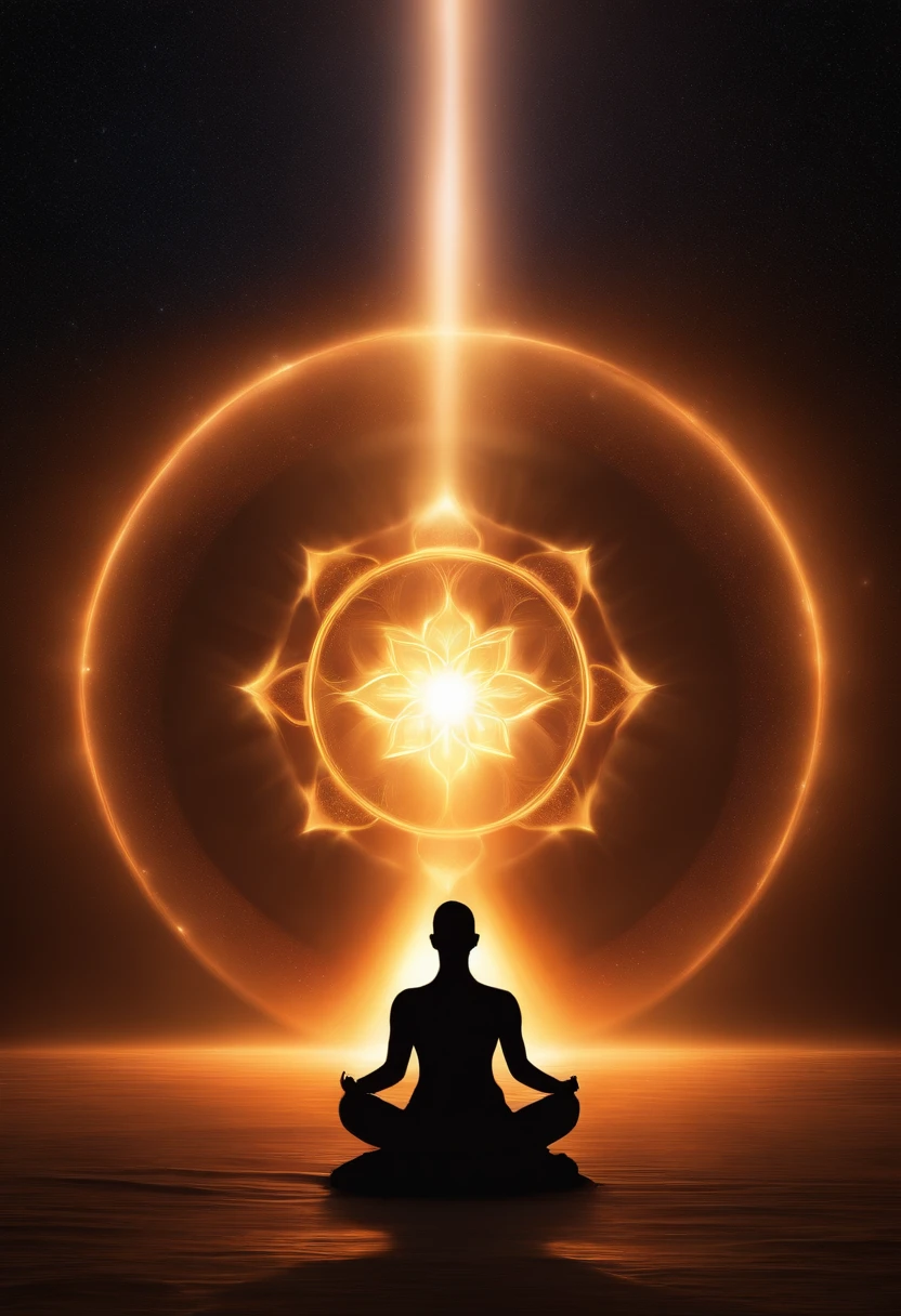 a person sitting in a lotus position with a glowing halo above them, glowing holy aura, glowing dark aura, spiritual enlightenment, liquid glowing aura, glowing electric aura, cosmic enlightenment, glowing aura, highly detailed zen neon, glowing black aura, white glowing aura, inverse dark glowing power aura, enlightenment, glowing golden aura, radiating a glowing aura
