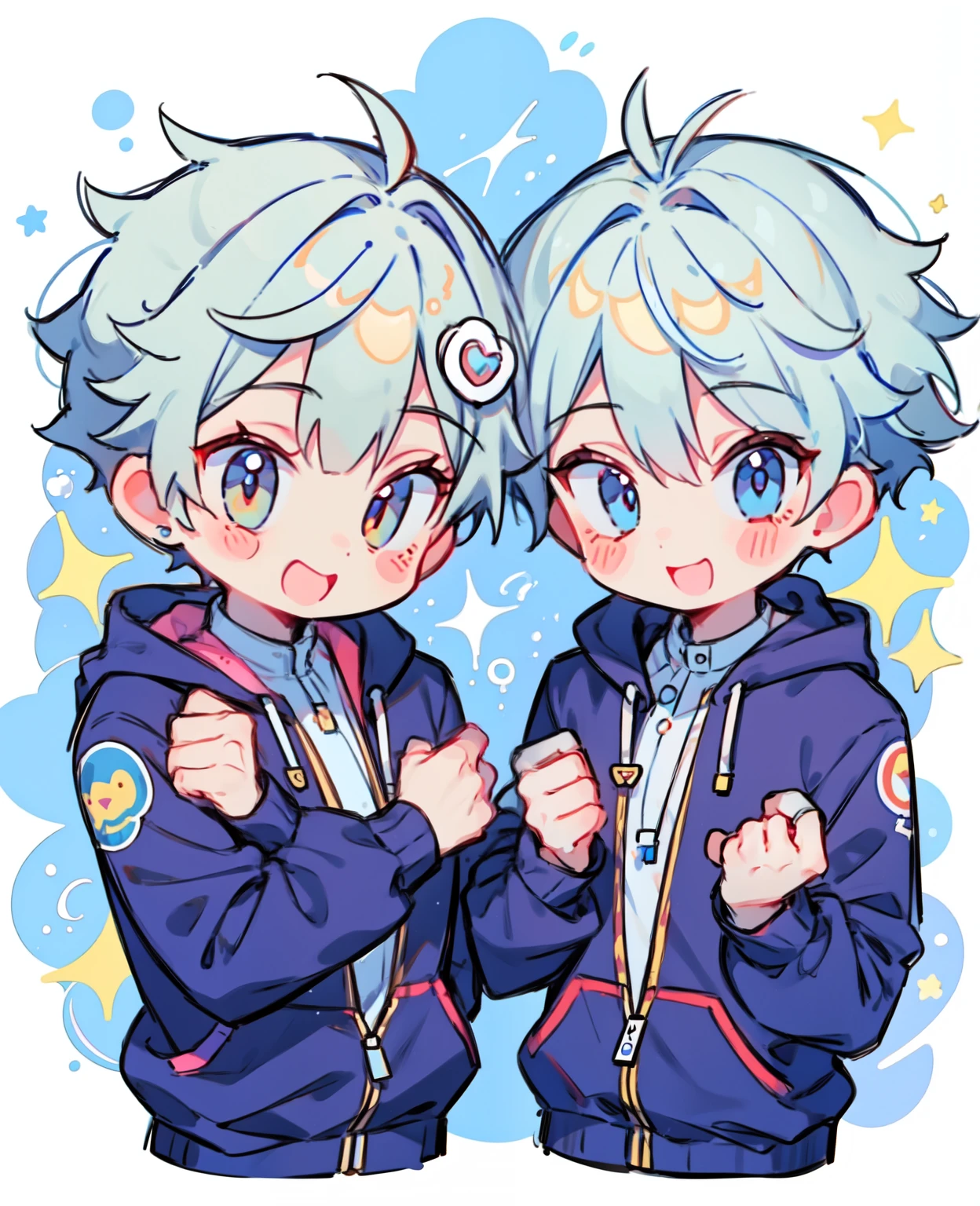 twin 2boys, white hair, cute smile, stickers, splash background