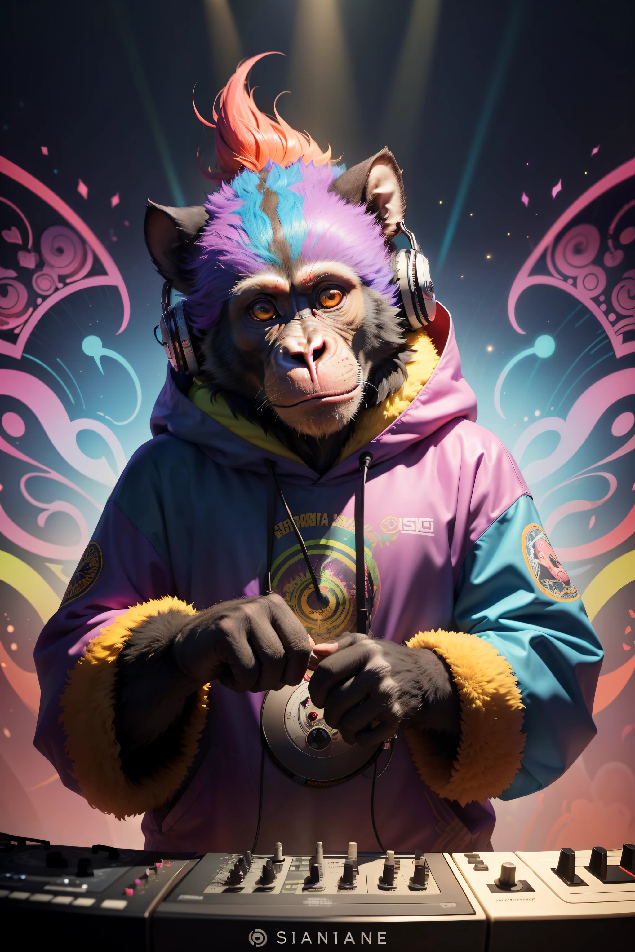 Explore the unique energy and laid-back attitude of a primate DJ in this detailed and vibrant image. With its lush coat adorned by vibrant colors and psychedelic patterns, This primate radiates freedom of expression and a deep search for connection with nature. His bright, focused eyes reveal a passion for music and the art of entertaining. The rays of multicolored lights emanating from your mixing equipment create a magical and enveloping aura around you. Sinta-se inspirado(a) to capture the essence of this psychedelic portrait, conveying a message of unity and harmony through its visual interpretation, as you let yourself be carried away by the contagious energy of this primate DJ and his relentless search for connection with music and nature.