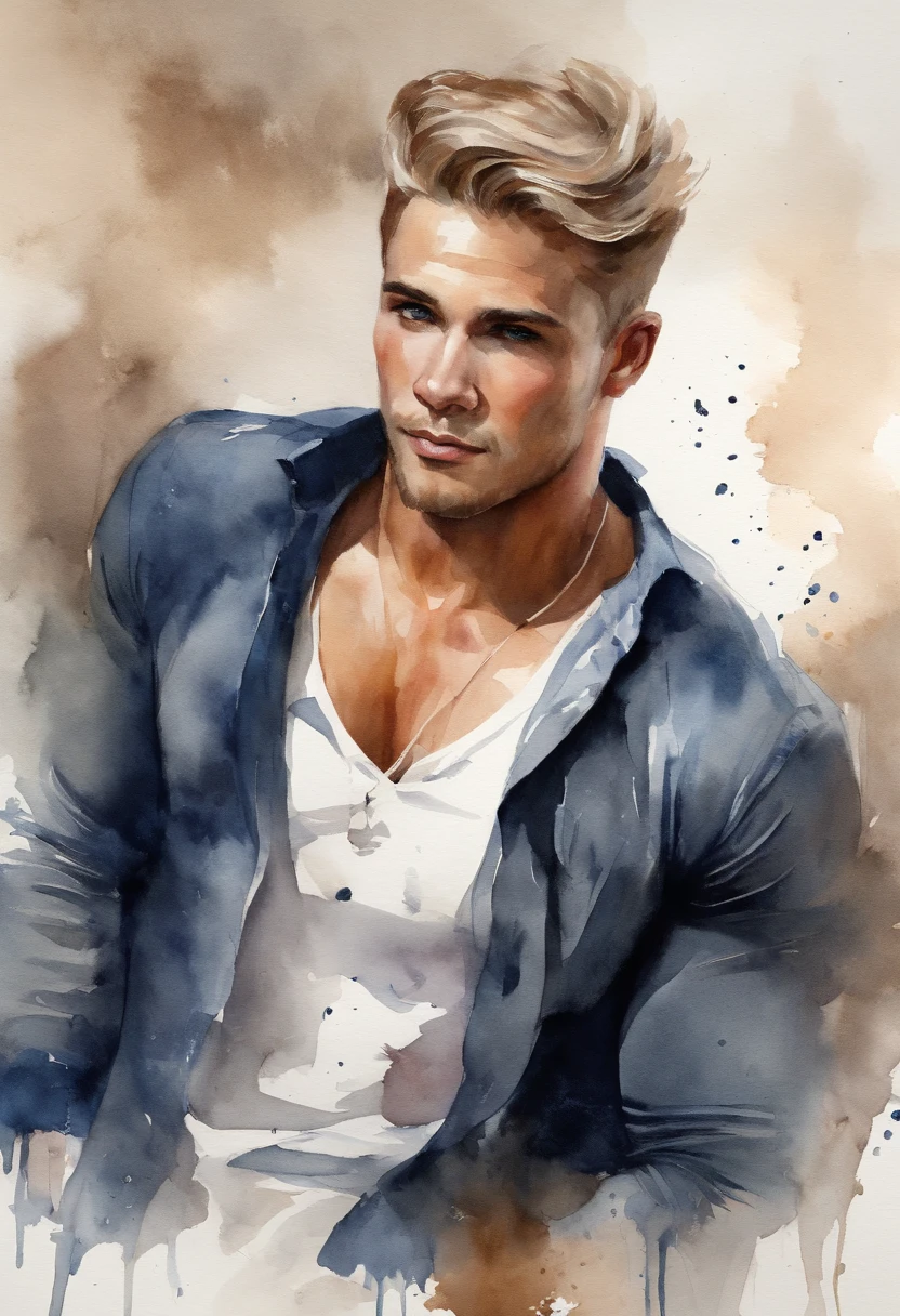 professional, (4k-photo:1.1) By (JeremyLipking:0.3), (Dietman Anna:0.3), (arian mark:0.3), (Sharp focus:1.3), High detail, Wearing (Tight shirt:1.2), Handsome detailed face, browneyes, Short blonde hair, (Glamour boy:1.3), (Seductive:1.1), (Blushing:1.1), Robust muscles