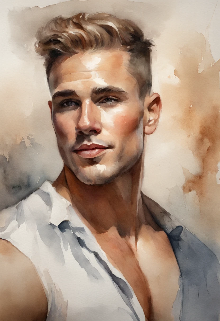 professional, (4k-photo:1.1) By (JeremyLipking:0.3), (Dietman Anna:0.3), (arian mark:0.3), (Sharp focus:1.3), High detail, Wearing (Tight shirt:1.2), Handsome detailed face, browneyes, Short blonde hair, (Glamour boy:1.3), (Seductive:1.1), (Blushing:1.1), Robust muscles