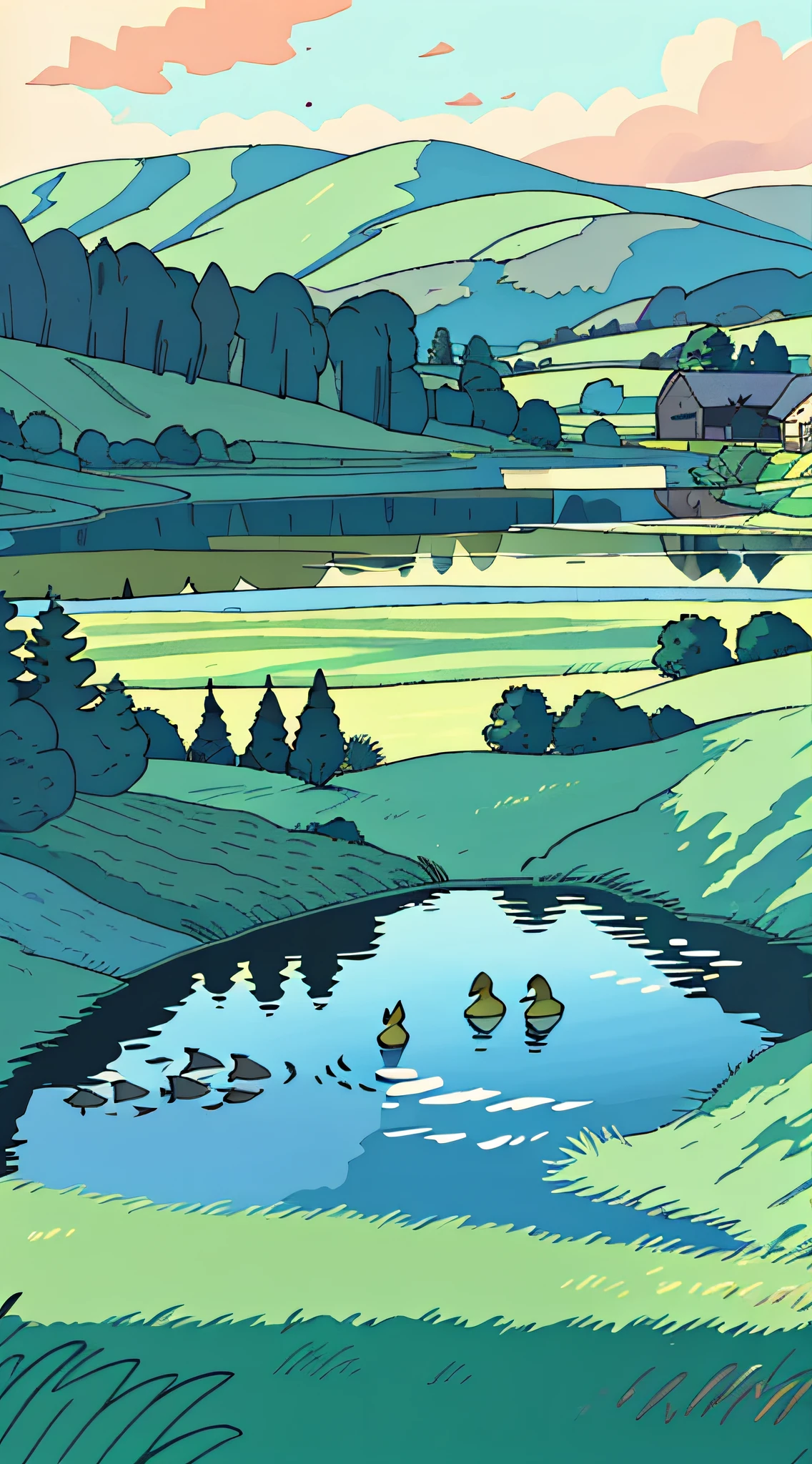 There are two ducks swimming in the pond in the field, farm background, In the countryside, two swans swimming on the lake, animated still, animated movie still, random background scene, pond scene, Landscape illustration, background artwork, arte de fundo, animated still, animation illustrative style, serene illustration, Small lake, in a pond, Countryside, animated movie still