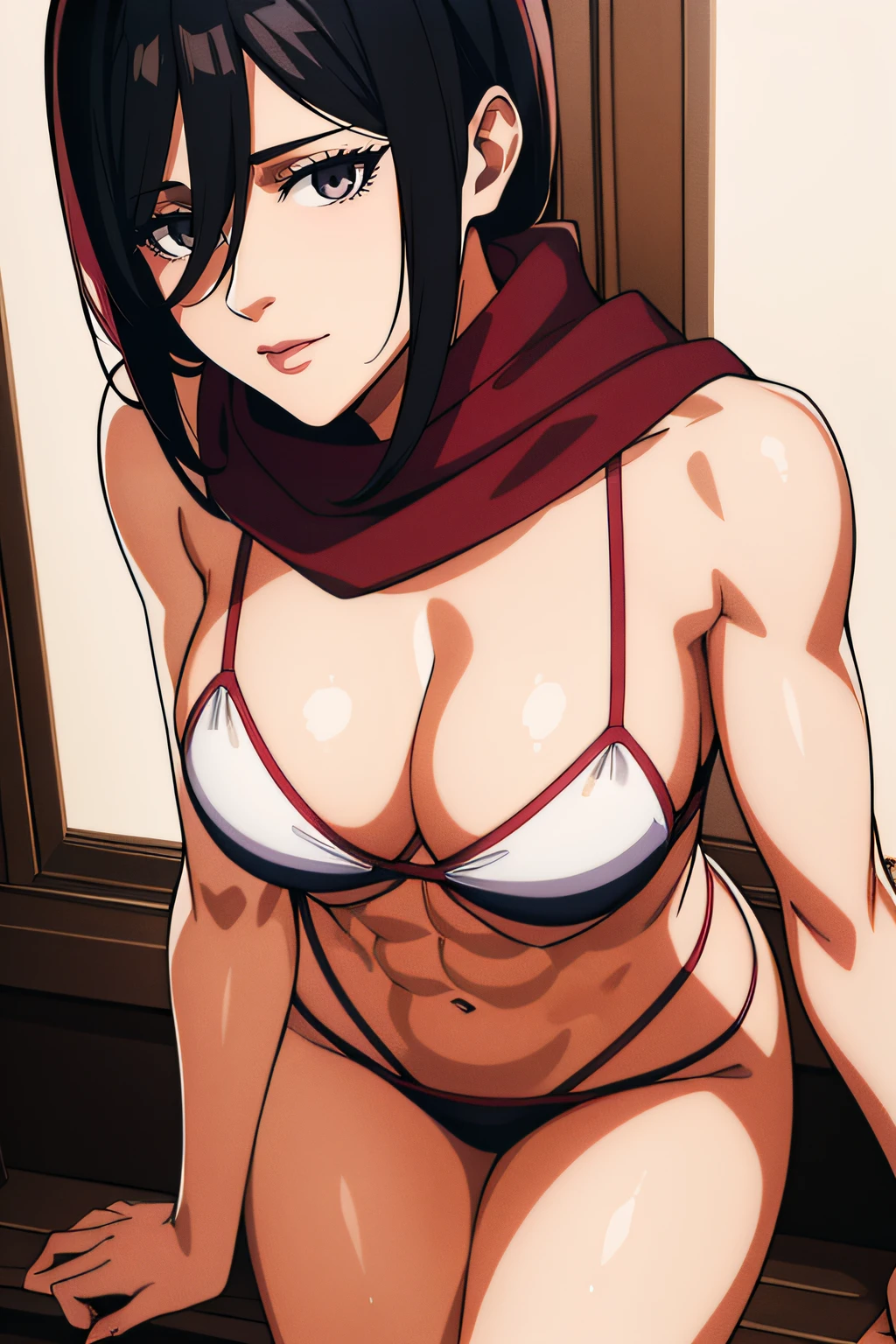 bragas, red scarf around the neck, ojos negros, cabello negro, corto_cabello,pelo entre los ojos, 1 girl in, 20yo,mujer joven,hermosa nariz,Beautiful character design, ojos perfectos, Cara perfecta,ojos expresivos,Equilibrio perfecto, mirando al espectador,boca cerrada, (inocente_grande_ojos:1.0),luz_They are smiling, arte oficial,fondo de pantalla CG 8k extremadamente detallado, (obra maestra:1.0),(mejor_Quality:1.0), muscular, muscular, Muscle, cabello negro, ojos grises, barriga, ombligo, chica musculosa, bikini blanco, Abs, abdomen, legs