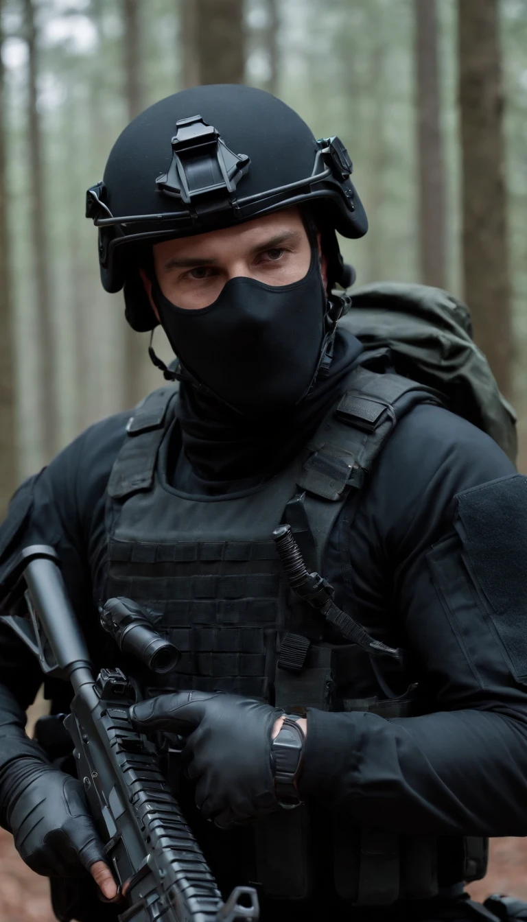 (Best quality,4K,8K,A high resolution,Masterpiece:1.2),Ultra-detailed,(Realistic,Photorealistic,photo-realistic:1.37), One was wearing a black uniform,Man in black helmet, A man in a black mask holds a gun, Air rifle CQB, French Special Operations, realistic soldiers, Soldiers in tactical equipment, tactical gear, cinematic —ar 16:9, realistic military equipment, Tactical armor, Black tactical equipment, combat outfit, Futuristic soldier costume, special forces security