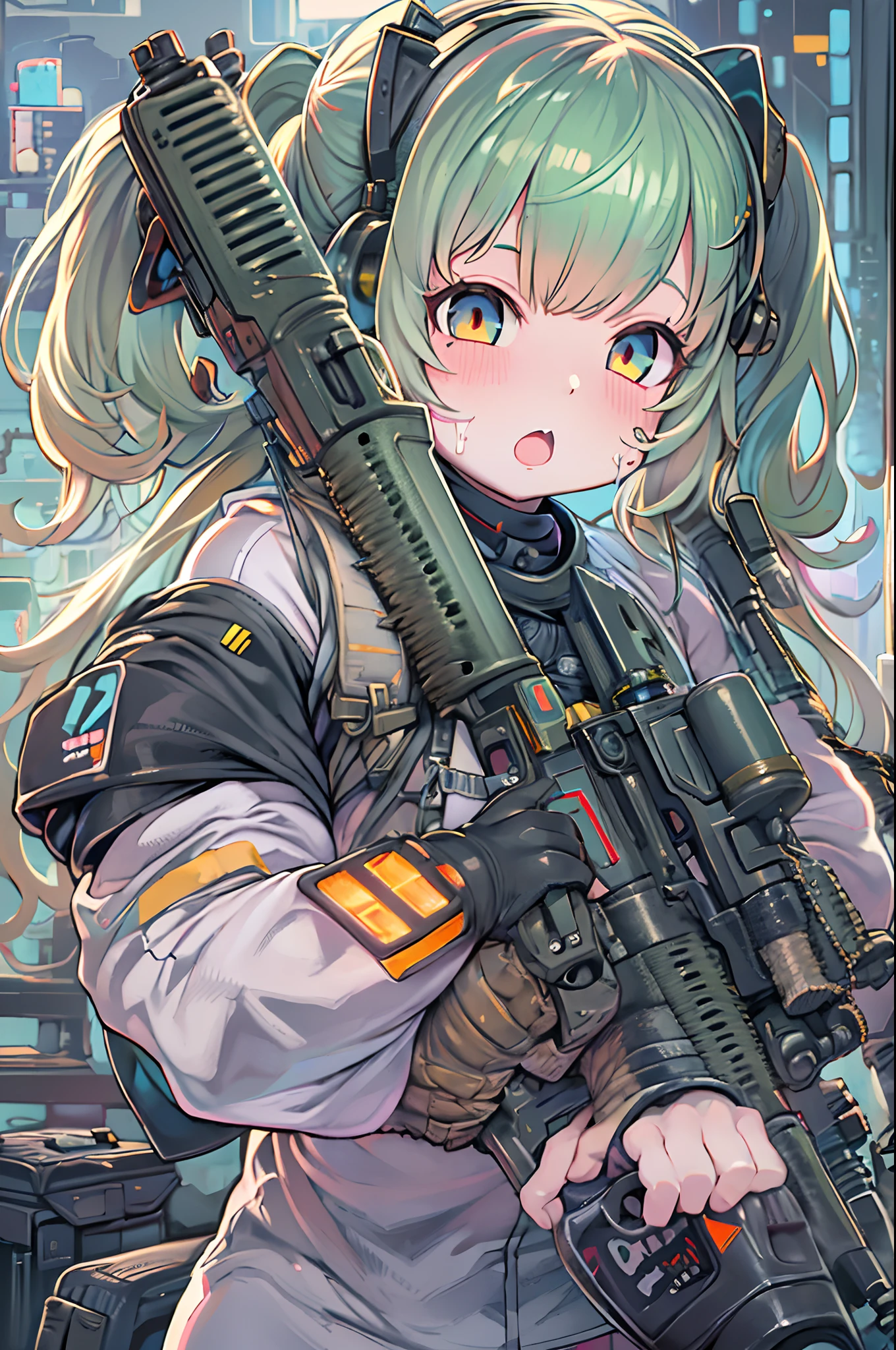 Anime girl with gun and futuristic costume, M4 Sopmod II Girls Frontline, anime machine gun fire, Mechanized soldier girl, railgun, best anime 4k konachan wallpaper, Fine details. girls' frontline, digital cyberpunk - anime art, girls frontline style, from girls frontline, Cyberpunk Anime Girl, cyberpunk anime art, nightcore, anime cyberpunk art、Chibi、bbw、huge-breasted、