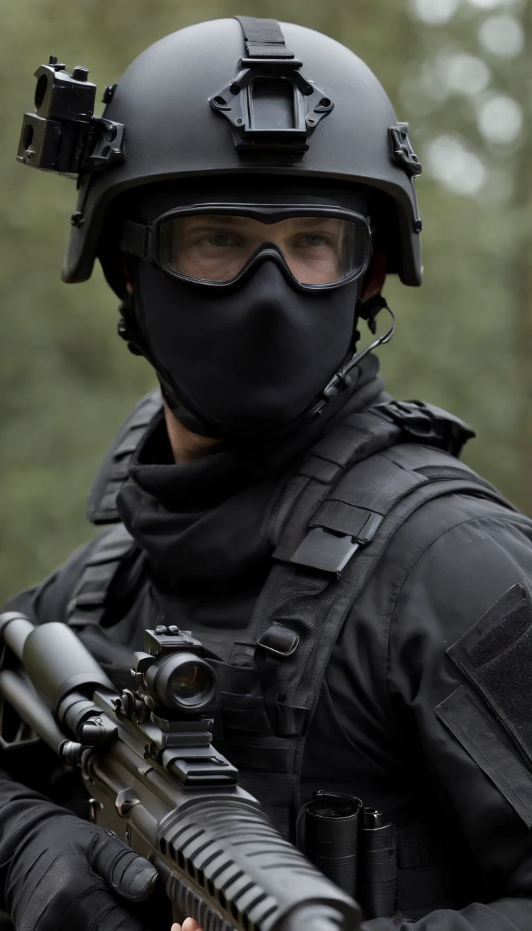 (Best quality,4K,8K,A high resolution,Masterpiece:1.2),Ultra-detailed,(Realistic,Photorealistic,photo-realistic:1.37), One was wearing a black uniform,Man in black helmet, A man in a black mask holds a gun, Air rifle CQB, French Special Operations, realistic soldiers, Soldiers in tactical equipment, tactical gear, cinematic —ar 16:9, realistic military equipment, Tactical armor, Black tactical equipment, combat outfit, Futuristic soldier costume, special forces security