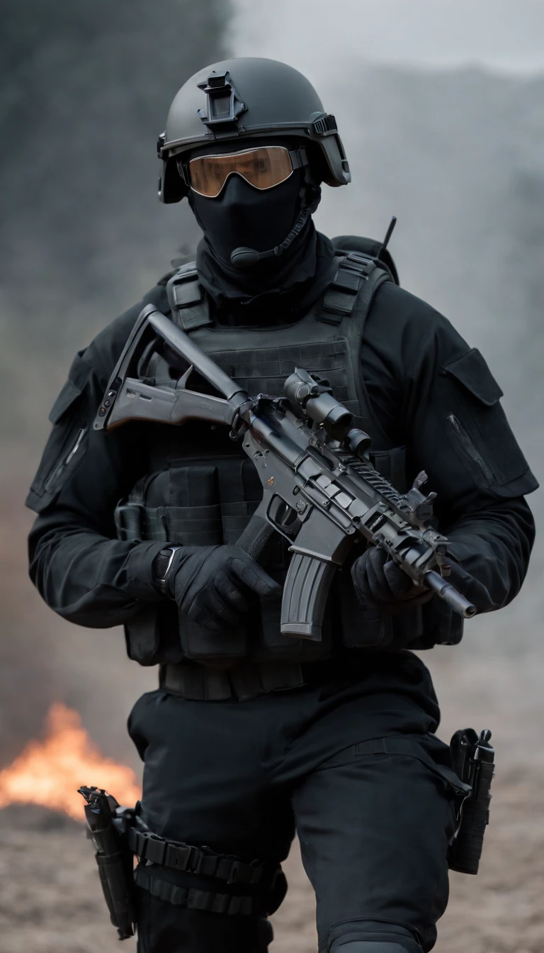 (Best quality,4K,8K,A high resolution,Masterpiece:1.2),Ultra-detailed,(Realistic,Photorealistic,photo-realistic:1.37), One was wearing a black uniform,Man in black helmet, A man in a black mask holds a gun, Air rifle CQB, French Special Operations, realistic soldiers, Soldiers in tactical equipment, tactical gear, cinematic —ar 16:9, realistic military equipment, Tactical armor, Black tactical equipment, combat outfit, Futuristic soldier costume, special forces security