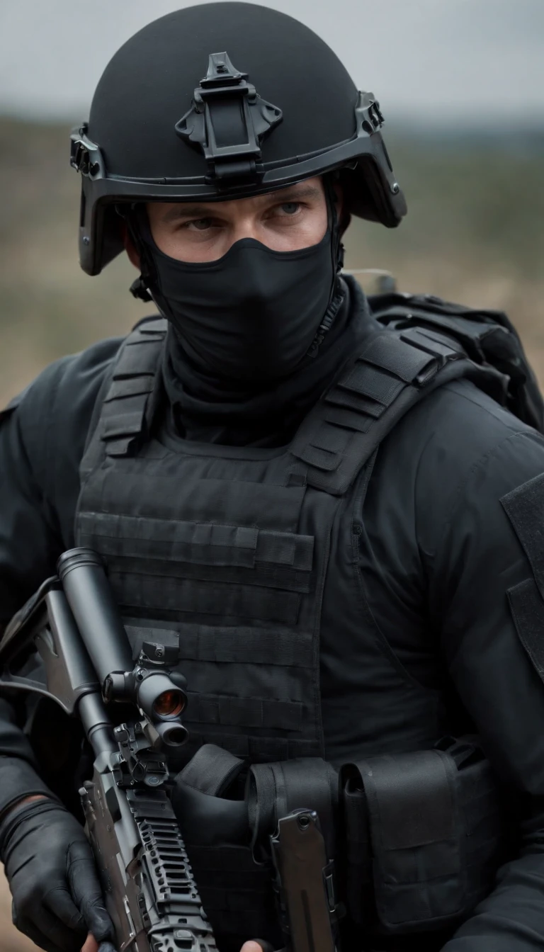 (Best quality,4K,8K,A high resolution,Masterpiece:1.2),Ultra-detailed,(Realistic,Photorealistic,photo-realistic:1.37), One was wearing a black uniform,Man in black helmet, A man in a black mask holds a gun, Air rifle CQB, French Special Operations, realistic soldiers, Soldiers in tactical equipment, tactical gear, cinematic —ar 16:9, realistic military equipment, Tactical armor, Black tactical equipment, combat outfit, Futuristic soldier costume, special forces security