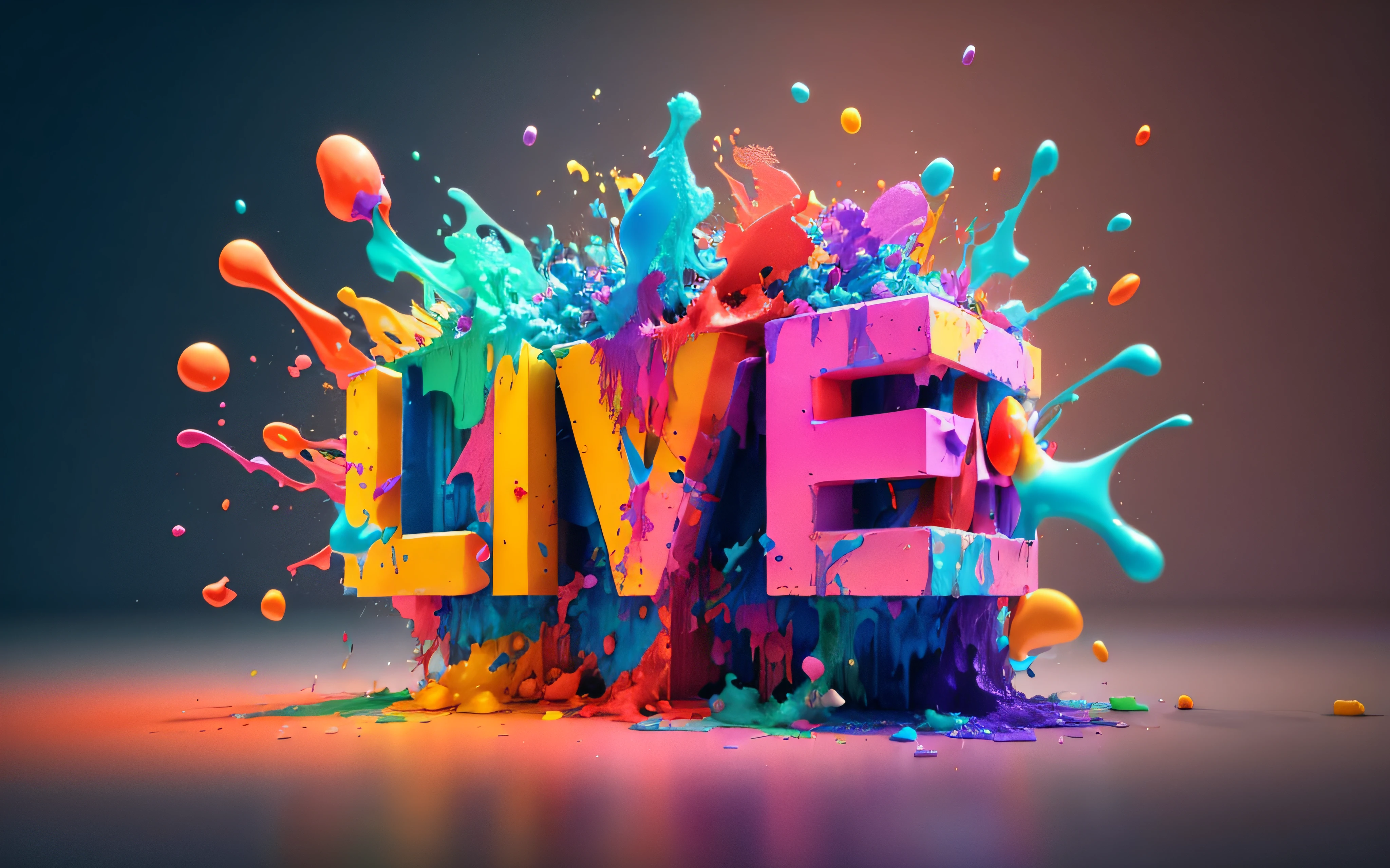 A colorful 3D rendering of the word love with paint splatters, cores vivas, cinema 4d render colorido, Cinema 4 d arte, colorful vivid octane render, arte digital colorida, cores vivas, colorido 8 k, arte colorida, cores expressivas vibrantes, Arte 3D abstrata, arte digital colorida, colorful octane render, Gotejamento HD colorido, Symbols of living