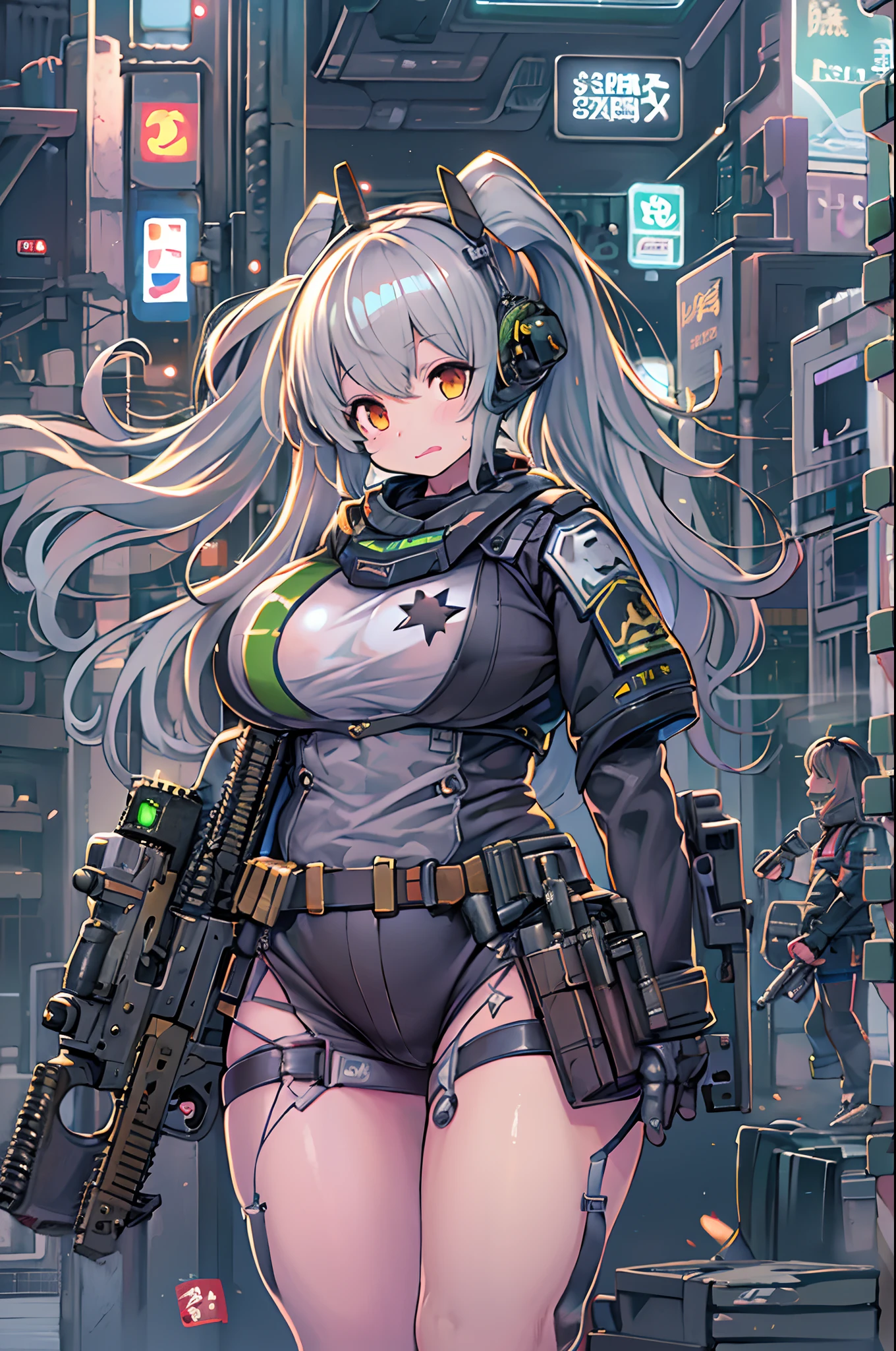anime girl with a chainsaw and a gun in her hand, cyberpunk art by Shitao, pixiv contest winner, auto-destructive art, oppai cyberpunk, thicc, heavy detailed, (sfw) safe for work, heavy looking, biomechanical oppai, giantess art, badass anime 8 k, thicc build, highly detailed giantess shot