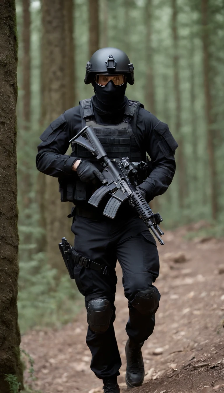 (Best quality,4K,8K,A high resolution,Masterpiece:1.2),Ultra-detailed,(Realistic,Photorealistic,photo-realistic:1.37), One was wearing a black uniform,Man in black helmet, A man in a black mask holds a gun, Air rifle CQB, French Special Operations, realistic soldiers, Soldiers in tactical equipment, tactical gear, cinematic —ar 16:9, realistic military equipment, Tactical armor, Black tactical equipment, combat outfit, Futuristic soldier costume, special forces security