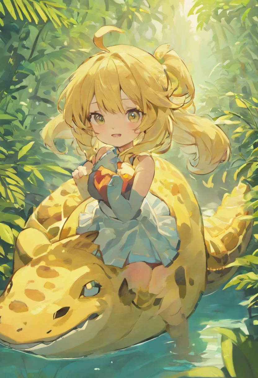 Strong chimpanzee and pigtailed girl(blond hairbl,Yellow eyes)