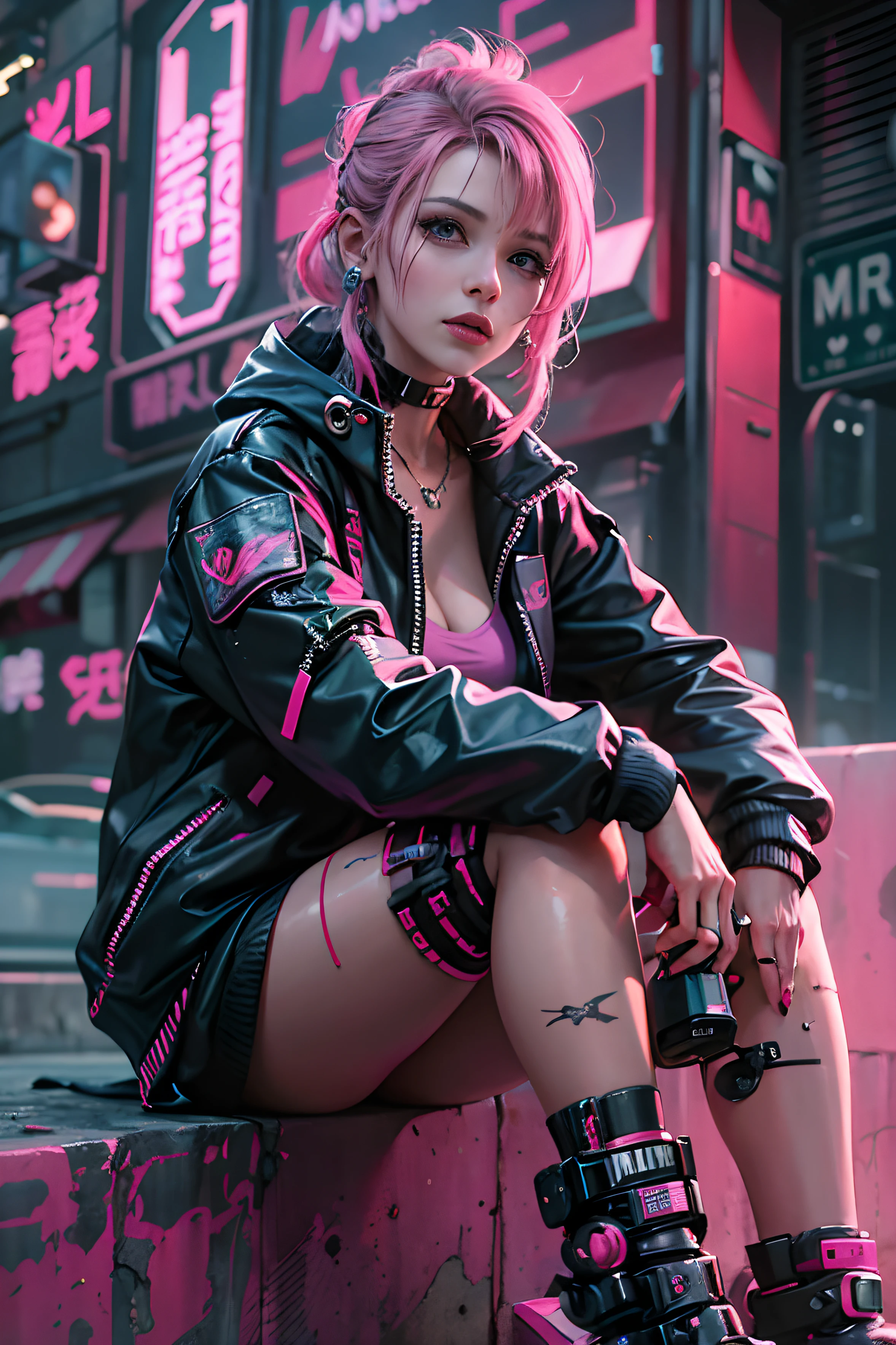 a woman in a pink skirt and black jacket sitting on the street, cyberpunk art style, cyberpunk 2 0 y. o model girl, hyper-realistic cyberpunk style, cyberpunk vibes, cyberpunk style , hyperrealistic, cyberpunk beautiful girl, cyberpunk art ultrarealistic 8k, cyberpunk girl, cyberpunk art, female cyberpunk anime girl, in cyberpunk style, cyberpunk judy alvarez