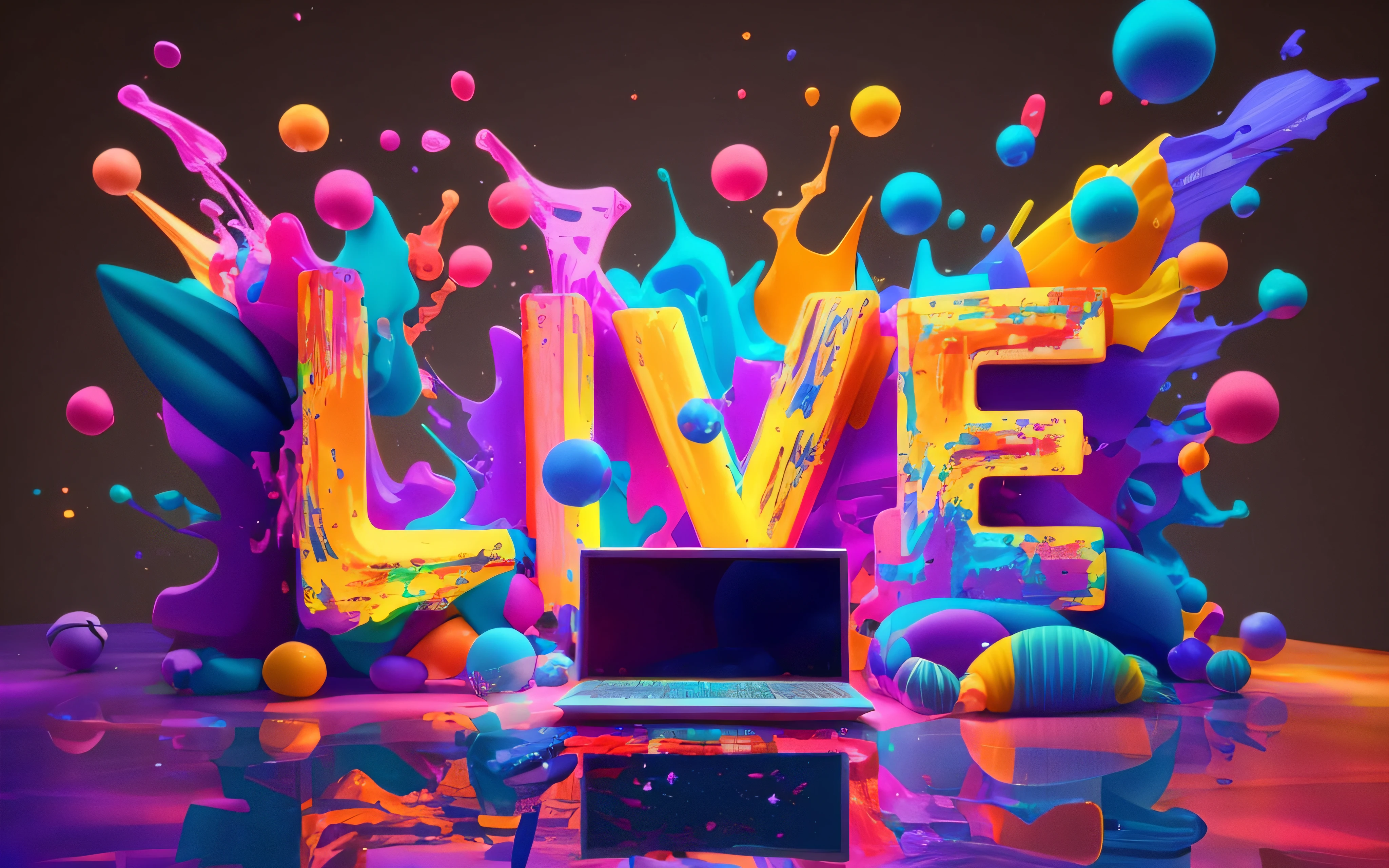 A closeup of a laptop computer on a table with colorful paint, cinema 4d render colorido, cores vivas, colorful vivid octane render, Cinema 4 d arte, colorful octane render, arte digital colorida, tela colorida do computador, colorido 8 k, Symbols of living, 3d arte digital 4k, cores ultravioleta e neon, bipe. hiper-realismo