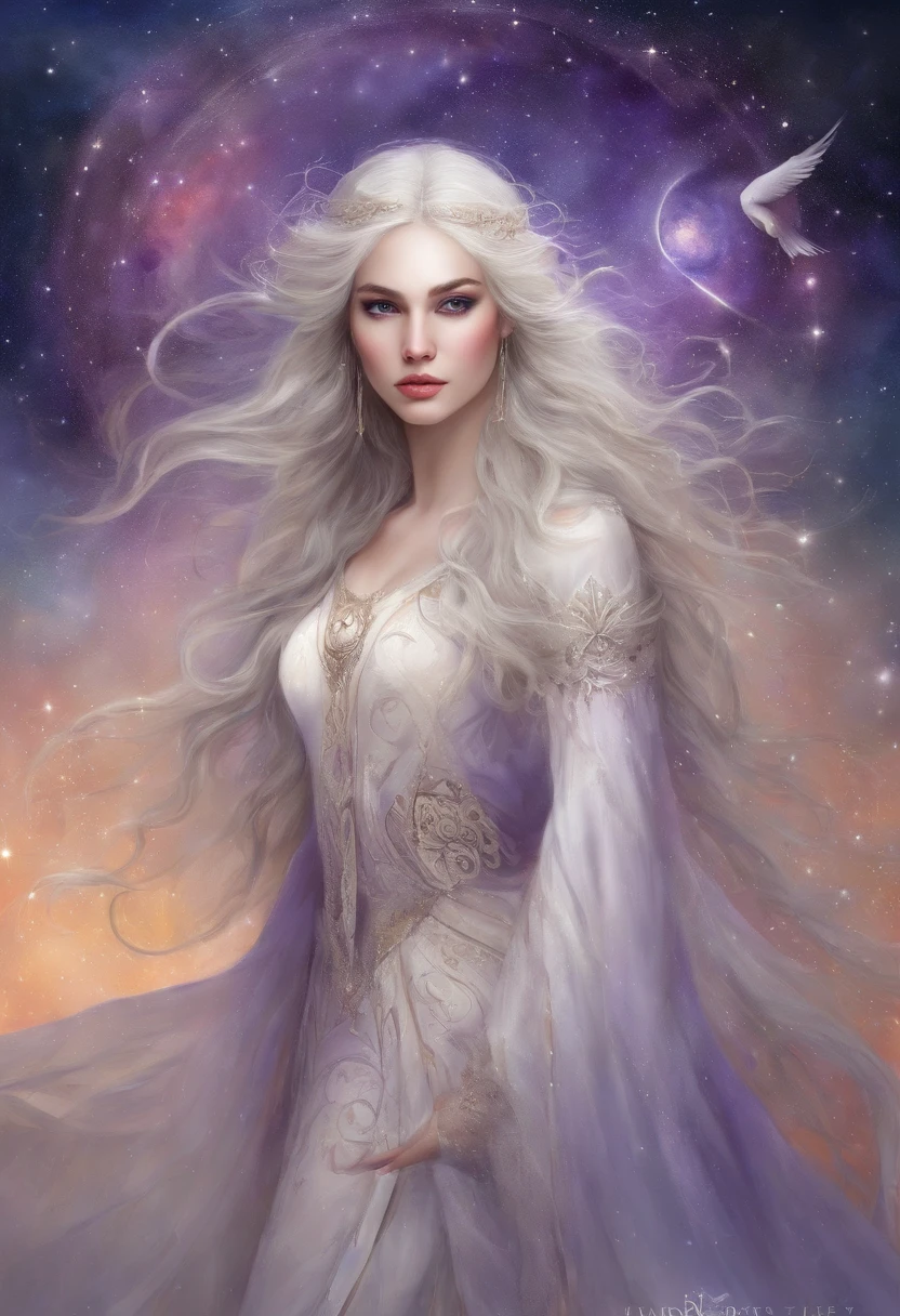(Masterpiece, Top Quality, Best Quality, official arts, beautiful and aesthetic:1.2), Girl, Detailed Face, Long white hair, purple yeys,  full - body, white dress with long sleeves, celestial, cosmic, extremely beautiful, higly detailed, (Galaxy in the background), light effects, highest detail, particles floating, Ancient runes, Geometric patterns, V0id3nergy , dove, eye shadow, epic atmosphere