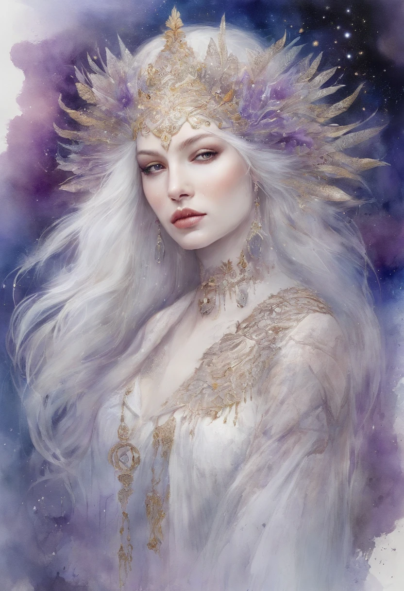 (Masterpiece, Top Quality, Best Quality, official arts, beautiful and aesthetic:1.2), Girl, Detailed Face, Long white hair, purple yeys, full - body, white dress with long sleeves, celestial, cosmic, extremely beautiful, higly detailed, (Galaxy in the background), light effects, highest detail, particles floating, Ancient runes, Geometric patterns, V0id3nergy , dove, eye shadow, epic atmosphere