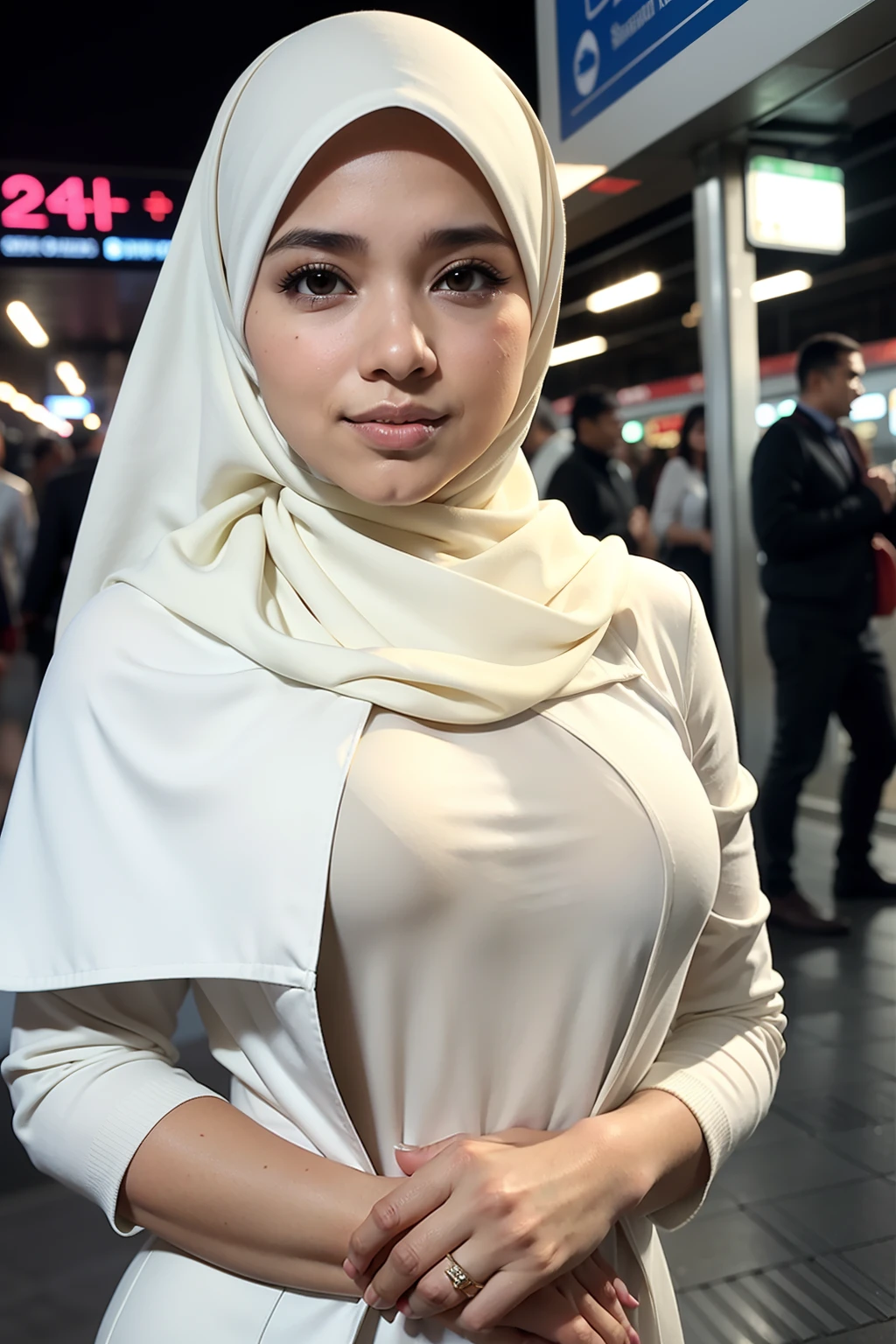 ((best quality)), ((masterpiece)), (detailed), perfect face, malay women, full nude, , cum on chest, hijab, tudung , outdoor,public, night town