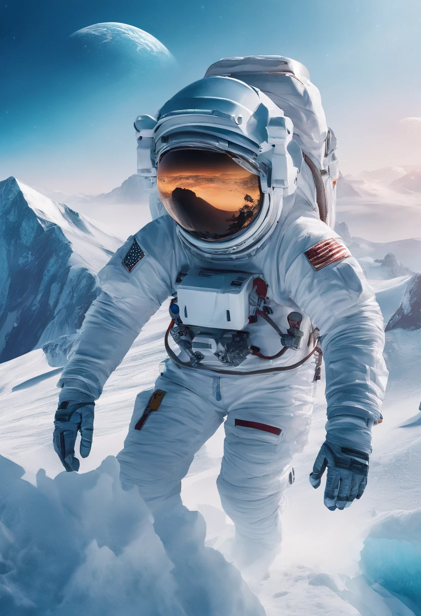 (Chinese astronaut climbers climb steep snow-capped mountains),The spacesuit is made of nanomaterials,High-performance goggles on the helmet,The asteroid has a complex surface terrain,There are huge canyons,There are also deep cracks,There are also bizarre mountains and raised hills。substance:minerals,Reflect starlight,It has a dark blue sheen,climber,
Background with:Siberian cliffs, Master of Ice, entrapped in ice, Covered in ice, ( ( emma lindstrom ) ), fozen ice hard edges,