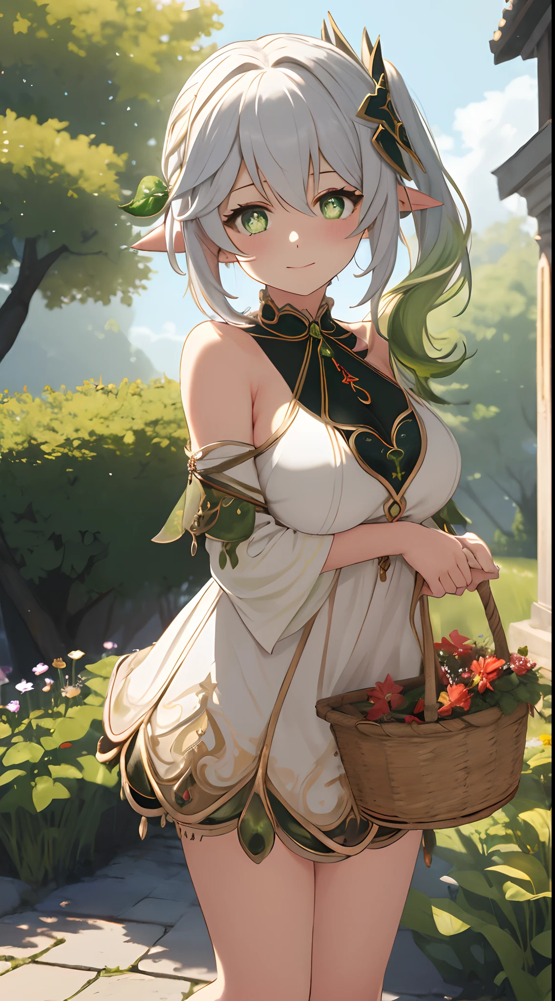 one-girl,Off-the-shoulder attire,the original god,looks into camera,ssmile,White clotheediuml breasts,jungles,grassy fields,