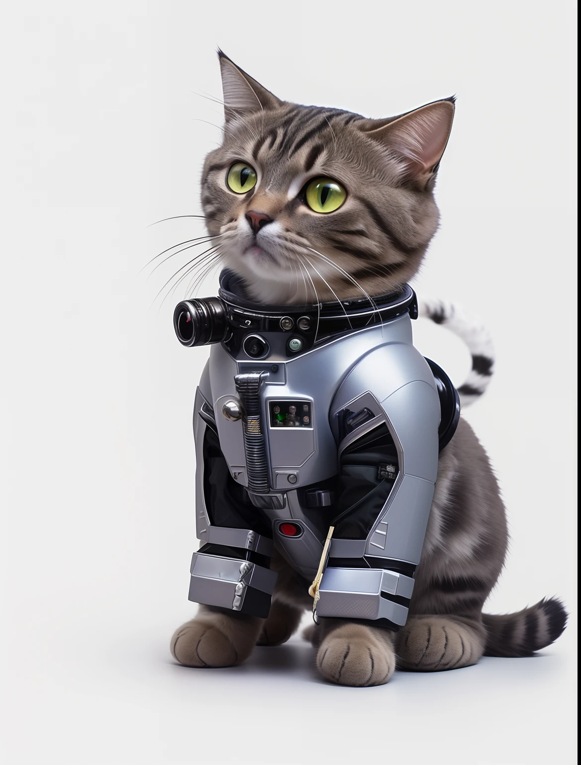 A cat in a spacesuit is sitting on the ground, cyborg kitten, cyborg cat, cyborg cat, astronaut cat, space cat, cat in space, robotic cat, robotic cat, Cat Robot, in a space cadet outfit, Cyberpunk cat, cat from the void, armored cat, Silver spacesuit, cybercat, Industrial Robot Cat, fully robotic!! Cat