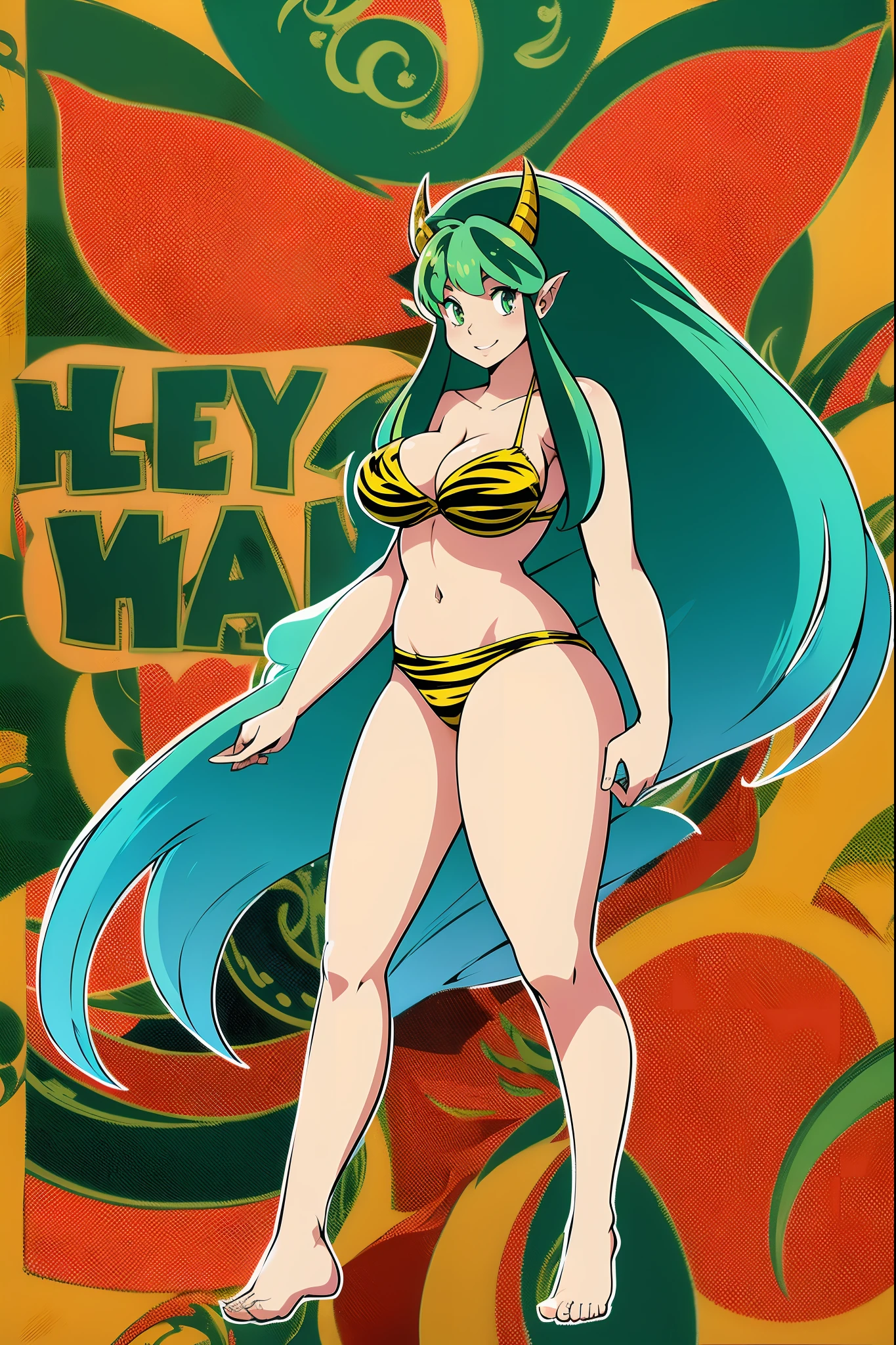 lum, bikini, standing,, , oni, smile,, full body, , , horns, curvy, big breast,, smile, green hair