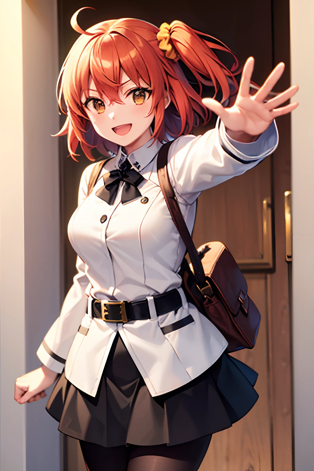 masutepiece, Best Quality, hight resolution, Aaritsuka, Short hair, Ahoge, hair scrunchie, orange scrunchie, medium breasts, White jacket, Harnes, Long sleeves, Belt bag, Black skirt, Miniskirt, Black pantyhose, Waving, Smile, Open mouth, Standing, Cowboy Shot,