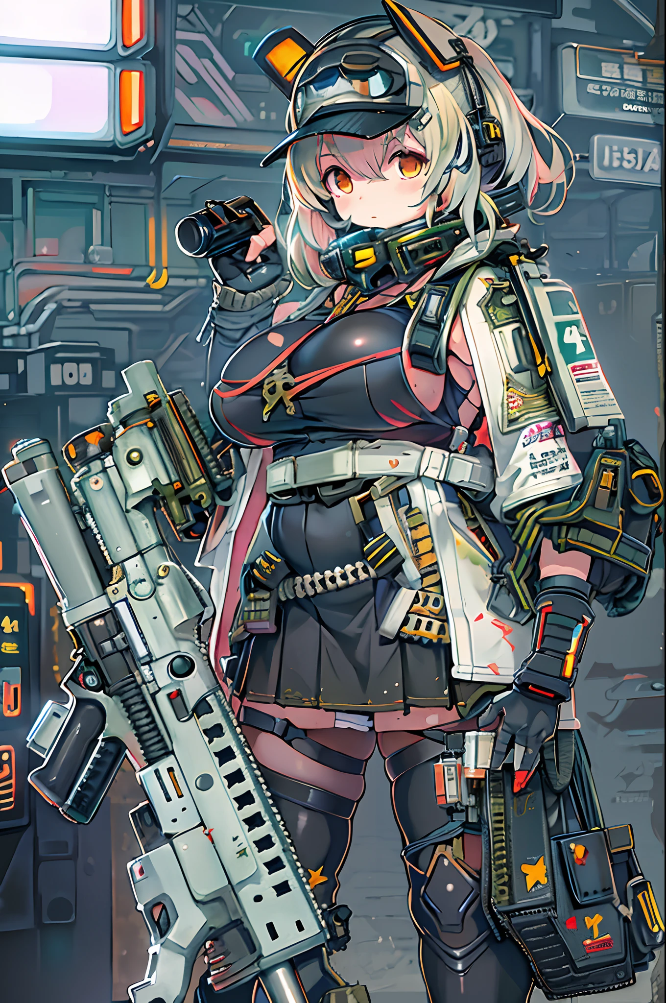 Anime girl with gun and futuristic costume, M4 Sopmod II Girls Frontline, anime machine gun fire, Mechanized soldier girl, railgun, best anime 4k konachan wallpaper, Fine details. girls' frontline, digital cyberpunk - anime art, girls frontline style, from girls frontline, Cyberpunk Anime Girl, cyberpunk anime art, nightcore, anime cyberpunk art、Chibi、bbw、huge-breasted、