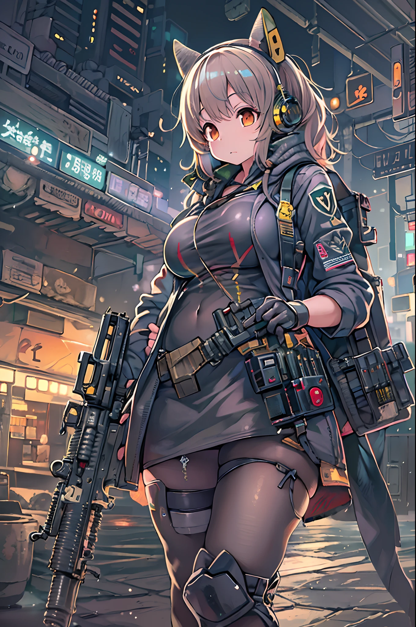 Anime girl with gun and futuristic costume, M4 Sopmod II Girls Frontline, anime machine gun fire, Mechanized soldier girl, railgun, best anime 4k konachan wallpaper, Fine details. girls' frontline, digital cyberpunk - anime art, girls frontline style, from girls frontline, Cyberpunk Anime Girl, cyberpunk anime art, nightcore, anime cyberpunk art、Chibi、bbw、huge-breasted、