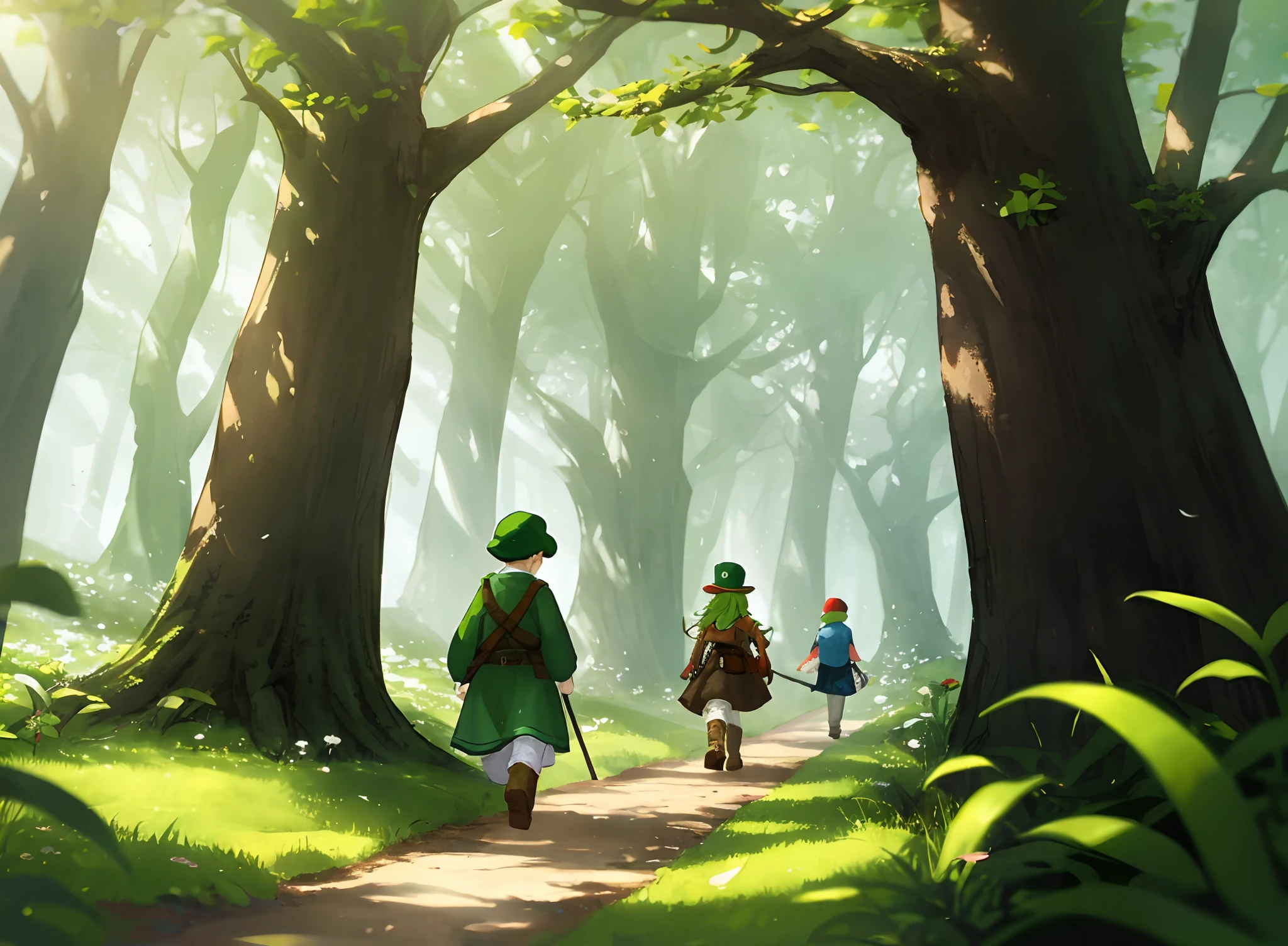 Leprechauns walking through a fantasy forest