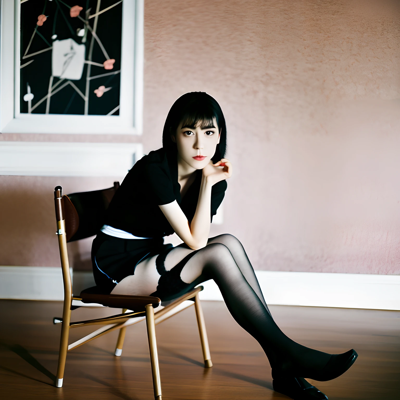 4k, high quality, 1 girl, black stocking, black shirt, black hair, sitting on chair, looking to another view, house background