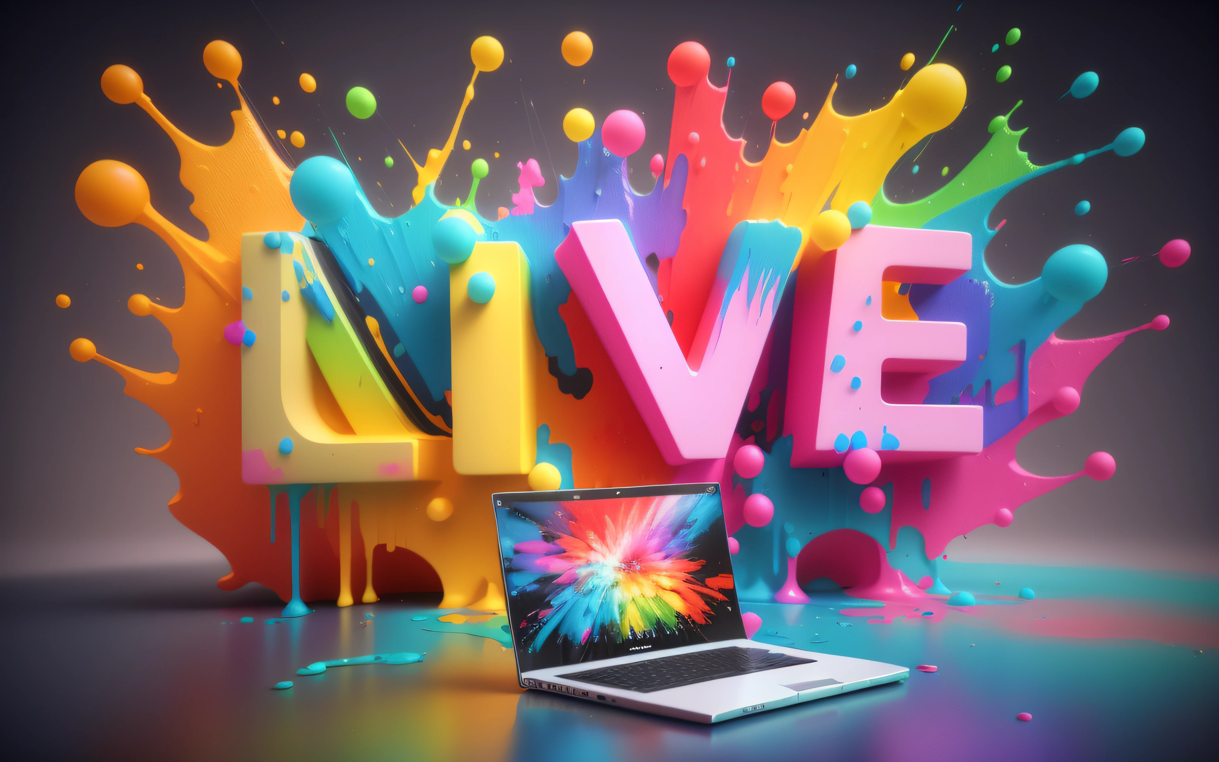 A closeup of a laptop with colorful paint splashing around it, cores vivas, cinema 4d render colorido, arte digital colorida, livestream, arte digital colorida, tela colorida do computador, pintura digital colorida, Cinema 4 d arte, 3d arte digital 4k, viver, digital illustation, Arte 3D abstrata, Arte digital 3D, arte colorida