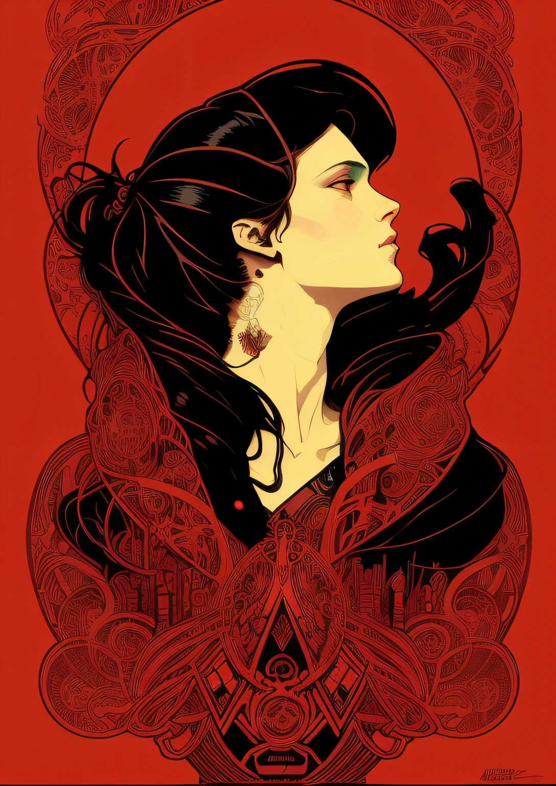 uma mulher com cabelo preto longo e um fundo vermelho, Martin then, Martin Ansin, Retrato da obra, muita vibe, Arte Nova Lilith, Estilo Alphonse Mucha, mucha estilo 4k, Estilo de Shepherd Fairey, Alphonse Mucha e Alena Aenami, Artem Demura Alphonse Mucha, Arte Nova! Cyberpunk! Estilo, beleza Arte Nova mulher