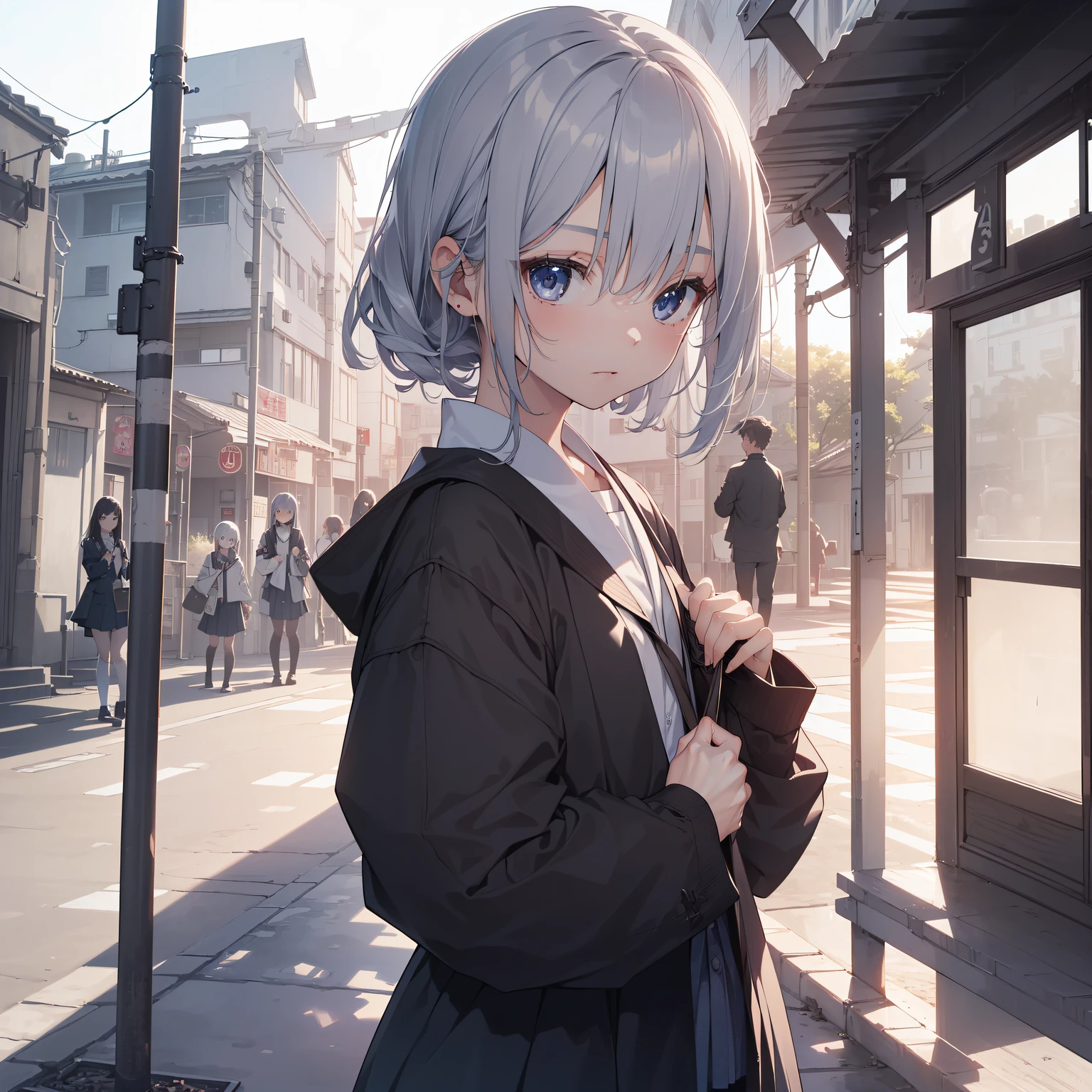 top-quality,high resolution,(One girl is Japan),(Solo,loli face,13 years old:1.5),a junior high school student, shorthair,Full limbs,complete fingers,flat chest, Small butt,groin,Beautiful detailed black eyes, School uniform,(Detailed Lighting), (Detailed background), (school rooftop),
