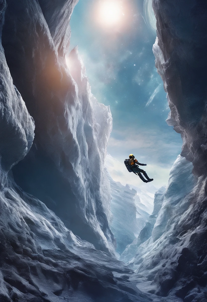 （Chinese astronaut climbers climb steep cliffs：1.37），The spacesuit is made of nanomaterials，High-performance goggles on the helmet，The asteroid has a complex surface topography，There are huge canyons，There are also deep cracks，There are also bizarre mountains and raised hills。substance:minerals，Reflect starlight，It has a dark blue sheen，climber, 
Background with：Siberian cliffs， Master of Ice, entrapped in ice,  Covered in ice, （Elevation angle lens）， fozen ice hard edges,
sci-fi fantasy