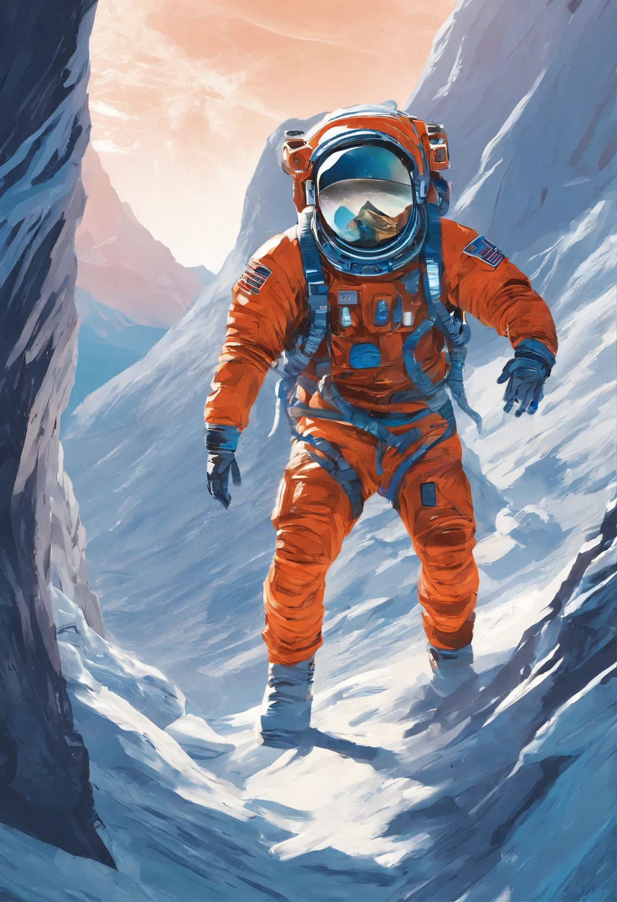 (Chinese astronaut climbers climb steep snow-capped mountains),The spacesuit is made of nanomaterials,High-performance goggles on the helmet,The asteroid has a complex surface topography,There are huge canyons,There are also deep cracks,There are also bizarre mountains and raised hills。substance:minerals,Reflect starlight,It has a dark blue sheen,climber,
Background with:Siberian cliffs, Master of Ice, entrapped in ice, Covered in ice, (Elevation angle lens), fozen ice hard edges,
Science fiction fantasy