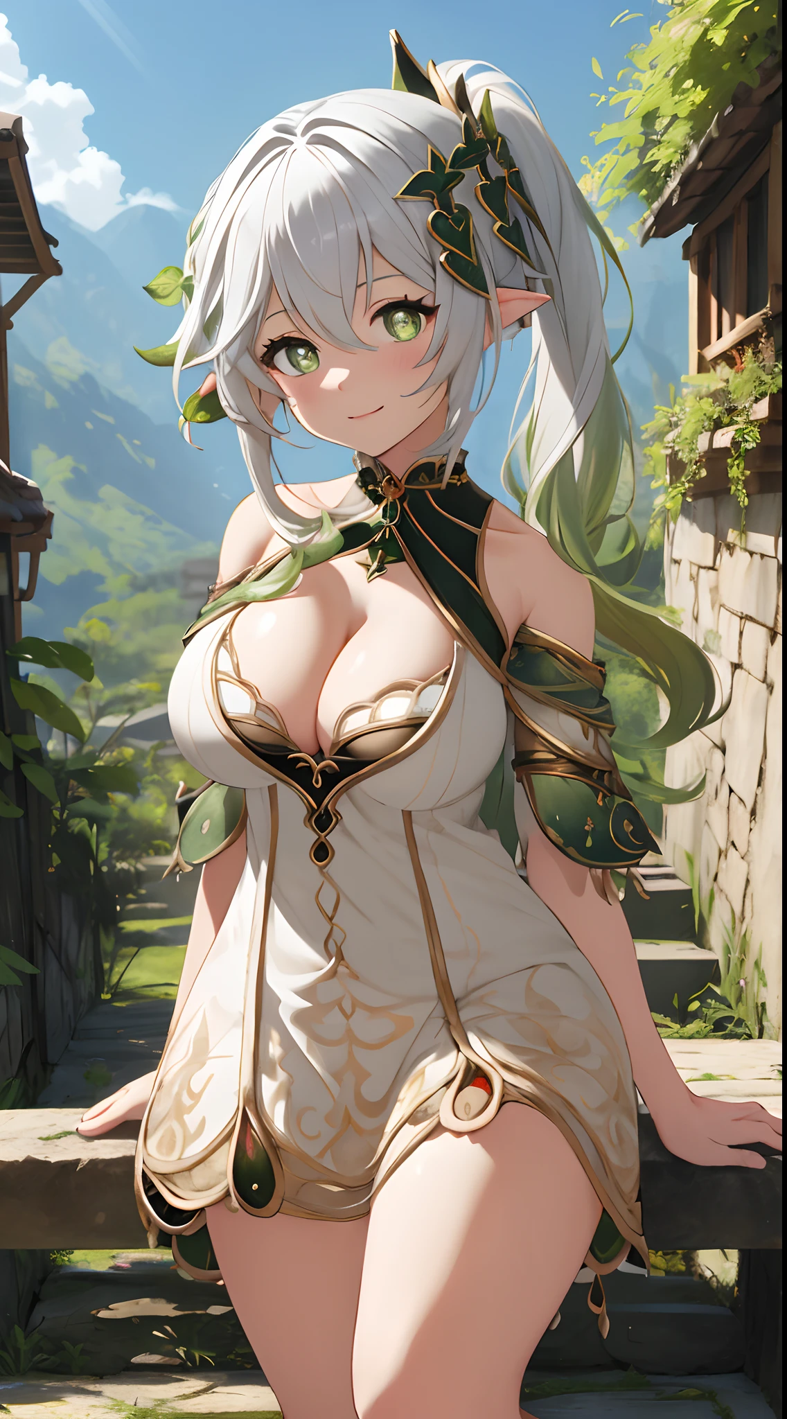 nahidadef,The upper part of the body,Large breasts,thick leg,big assa,cleavage,Off-the-shoulder attire,ssmile,Be red in the face,exteriors,Huge breasts,In the daytime,simple backgound,The Arm,blue-sky,short detailed hair,Skysky,Temple,looking at viewert,stairways,mont,Moody light,