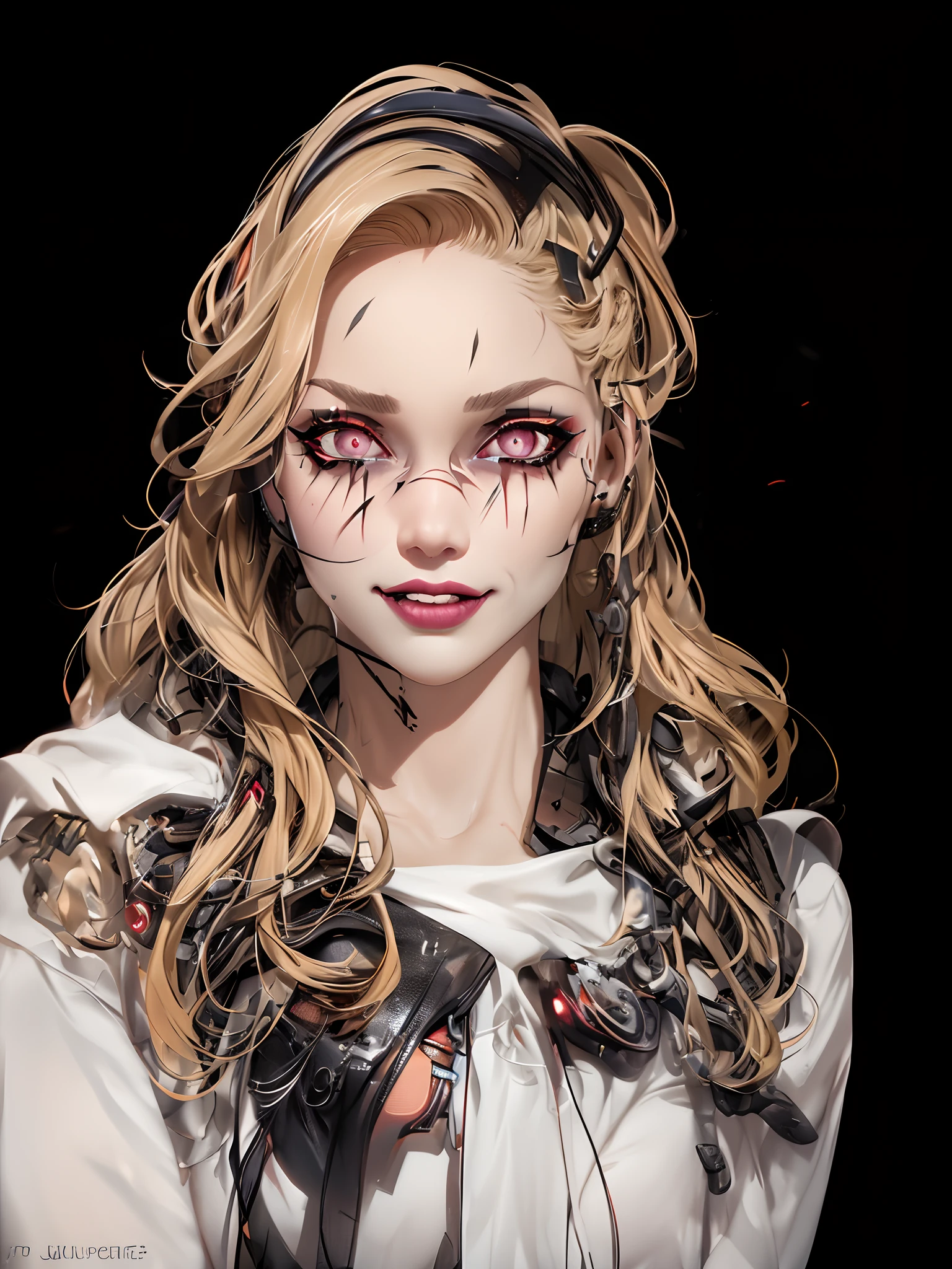 Black pupils, blonde hair, animal ears, evil, guilt, crazy smile, makeup, jitome, Gothic art, Futurism, ray tracing, cinematic lighting, UHD, retina, masterpiece, ccurate, award winning, best quality, 8k