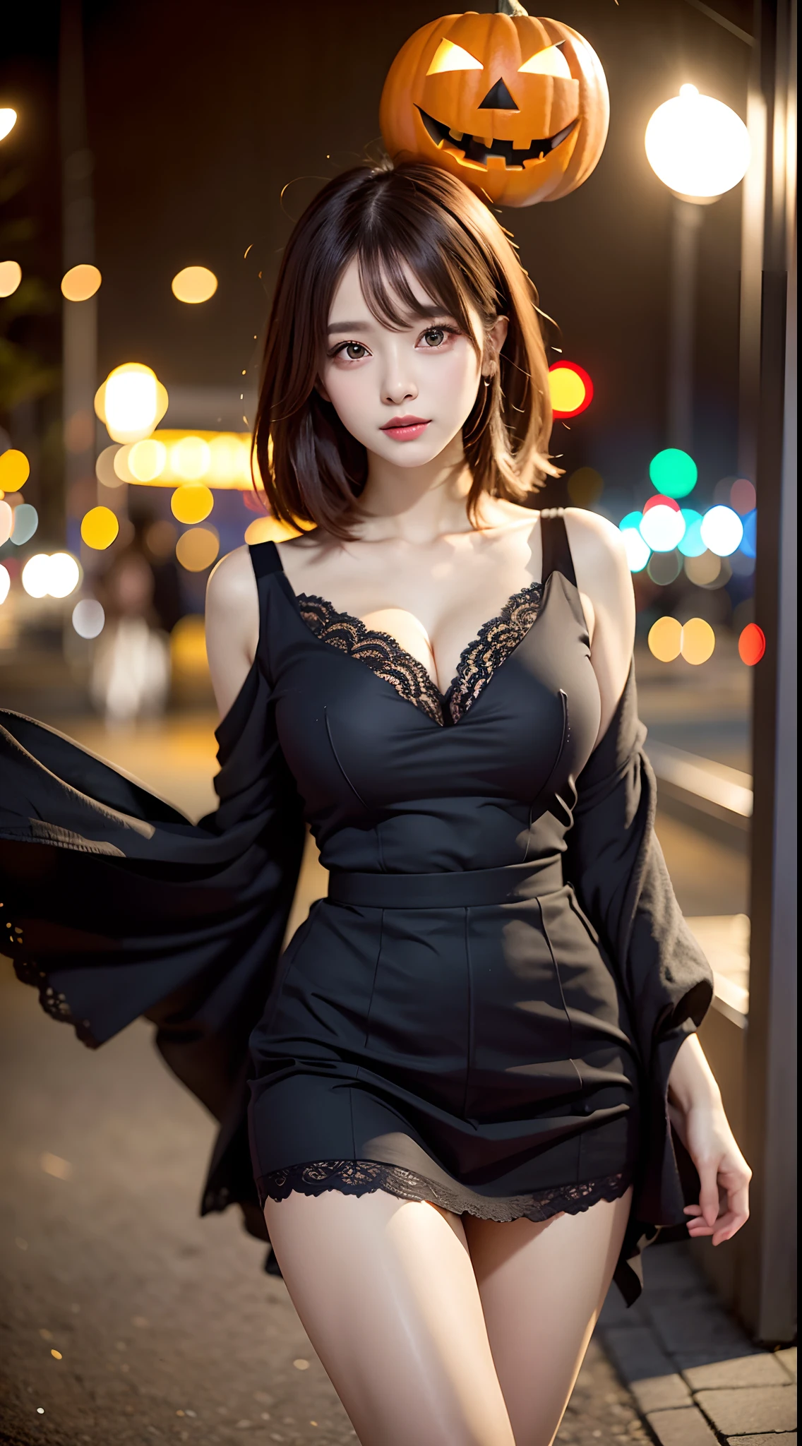 1 beautiful young girl, Super beautiful detailed face, smile shyly, small ), (gorgeous dresses:1.3), (skirt lift by myself), (flip up skirt), (lace panties), (lowing in the wind:1.3), hime cut hair, (Fine face:1.2), High quality, Realistic, extremely detailed CG unified 8k wallpaper, highly detailed, High-definition raw color photos, professional photography, Realistic portrait, Cinematic Light, Beautiful detailed, Super Detail, high details, (((Bokeh))), depth of fields, illumination, Neon Street, Super stylish lighting, halloween night, pumpkin lantern