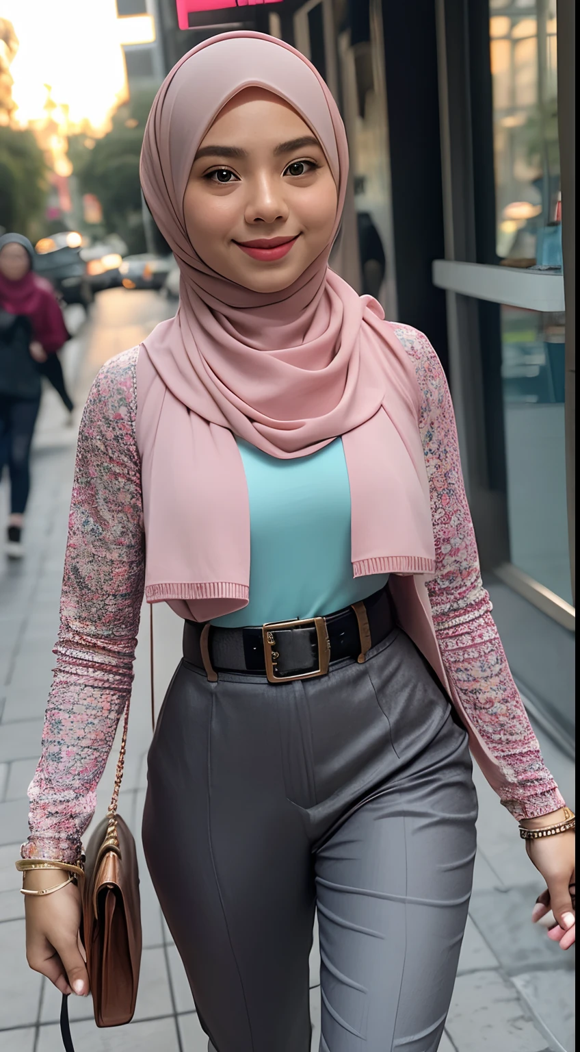 1 malay girl , modern plain hijab,  shy, medium portrait shot , watery  eyes ,lip watery, lip glossy, open mounth, ((big breast)), wear Half Button Rib Knit Tee with pastel color jacket and High Waist Plicated Detail Suit Pants, (big breast) , flower garden background, bokeh background, proportional body,